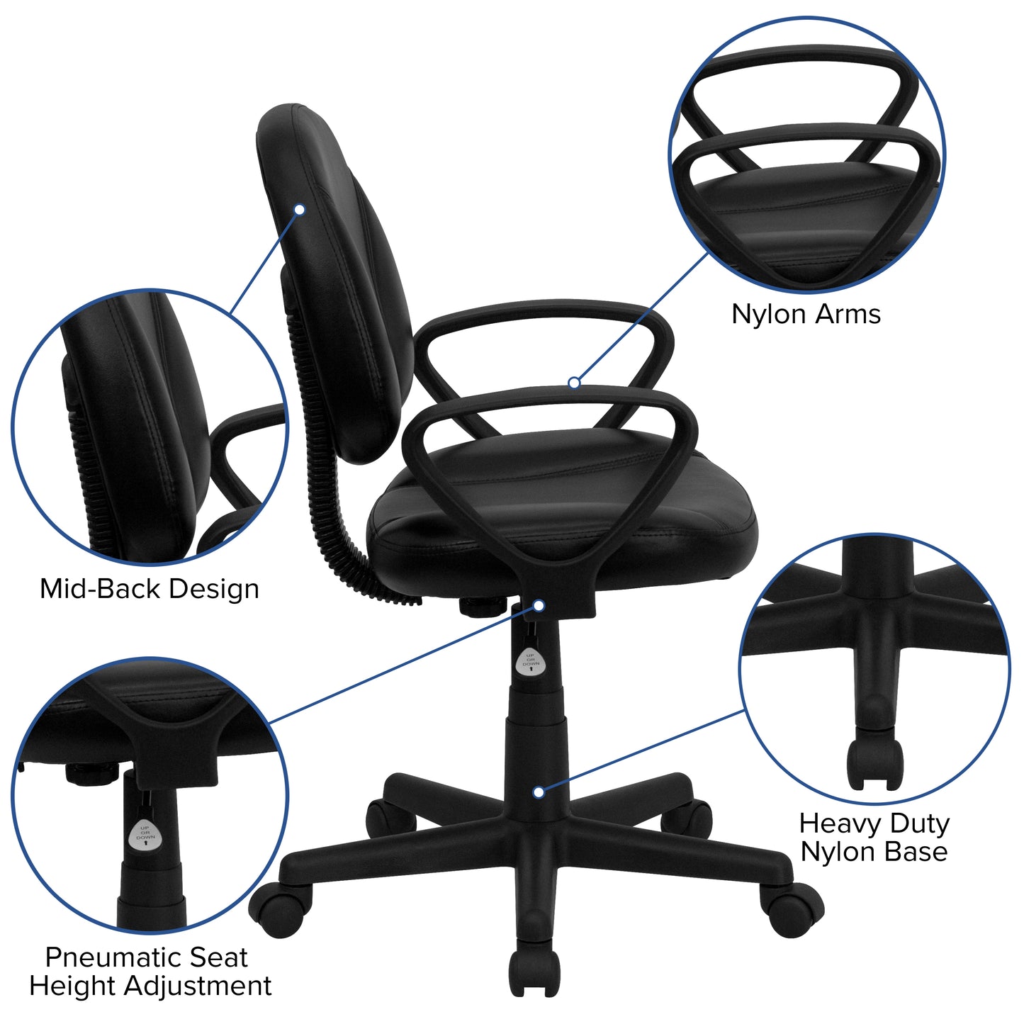 Ronald Mid-Back Black LeatherSoft Swivel Ergonomic Task Office Chair with Back Depth Adjustment and Arms Black