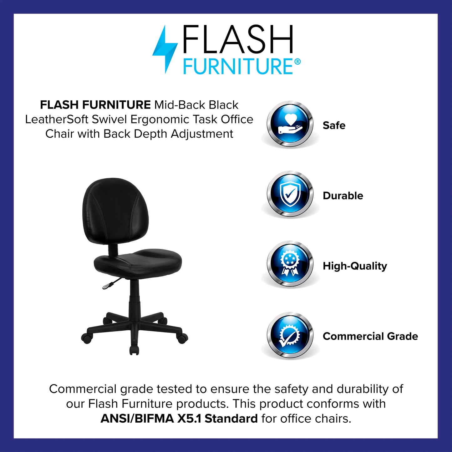Ronald Mid-Back Black LeatherSoft Swivel Ergonomic Task Office Chair with Back Depth Adjustment Black