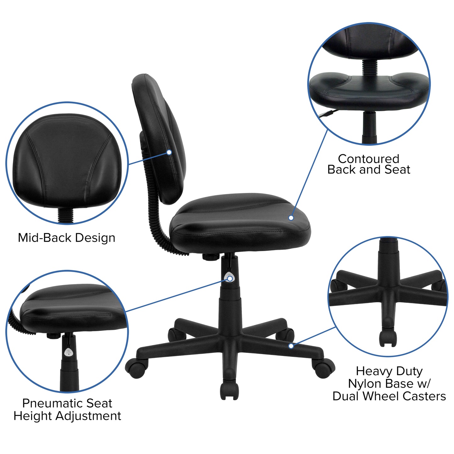 Ronald Mid-Back Black LeatherSoft Swivel Ergonomic Task Office Chair with Back Depth Adjustment Black