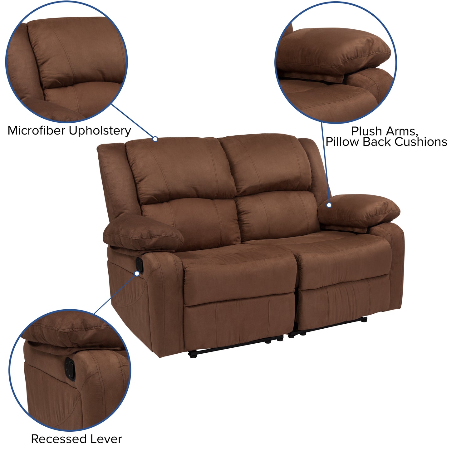 Harmony Series Chocolate Brown Microfiber Loveseat with Two Built-In Recliners Chocolate Brown Microfiber
