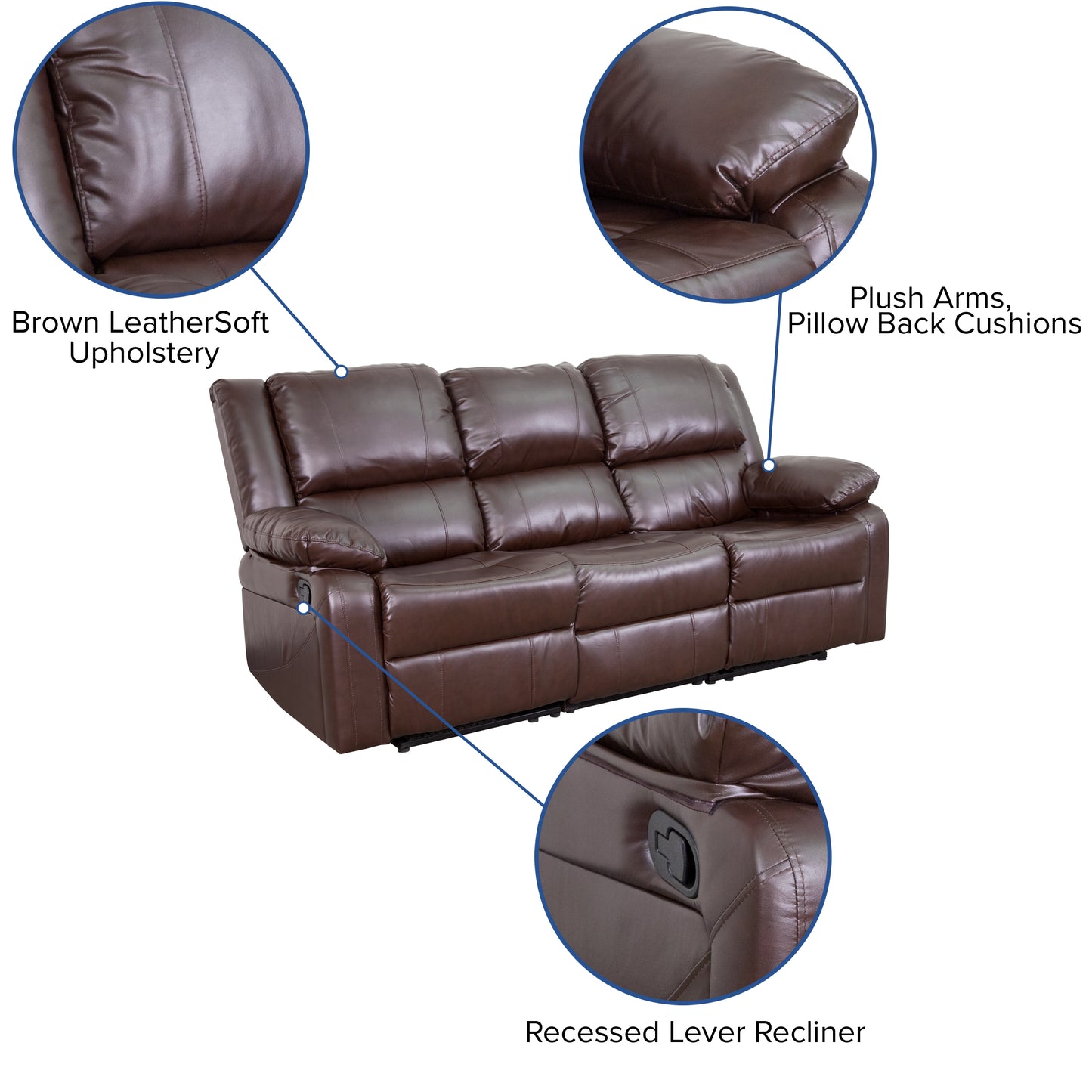 Harmony Series Brown LeatherSoft Sofa with Two Built-In Recliners Brown LeatherSoft
