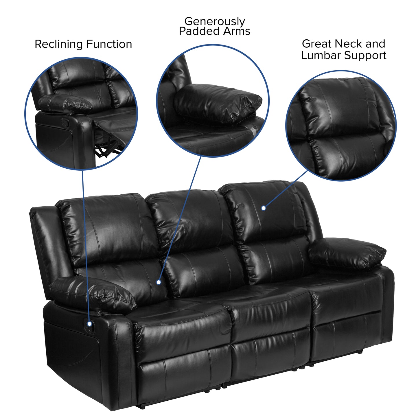 Harmony Series Black LeatherSoft Sofa with Two Built-In Recliners Black LeatherSoft