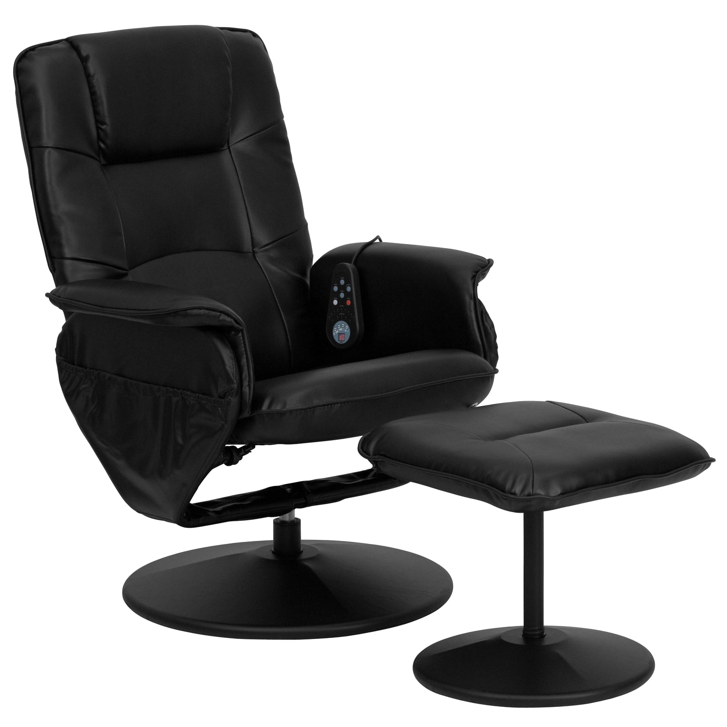Cason Massaging Adjustable Recliner with Deep Side Pockets and Ottoman with Wrapped Base in Black LeatherSoft Black