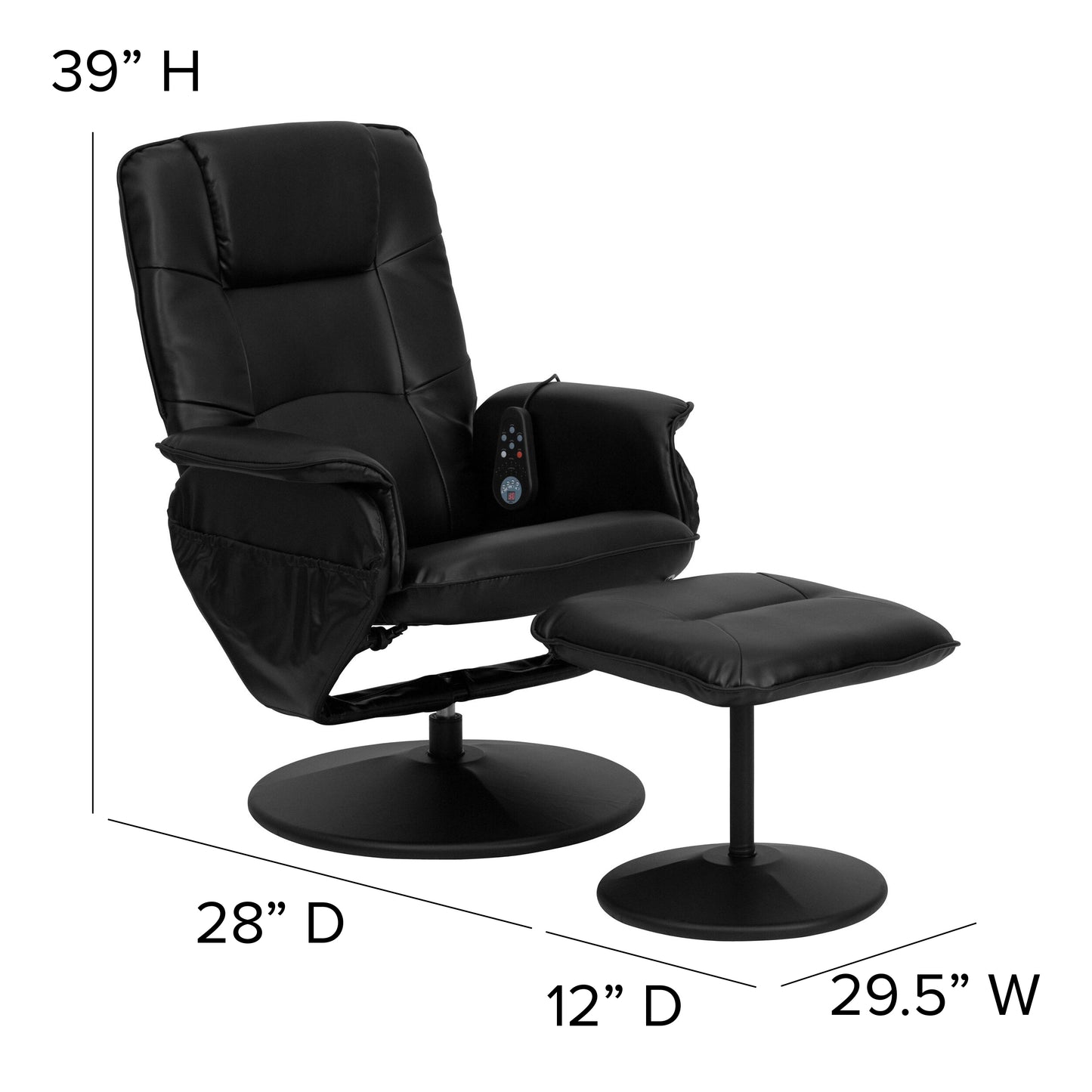 Cason Massaging Adjustable Recliner with Deep Side Pockets and Ottoman with Wrapped Base in Black LeatherSoft Black