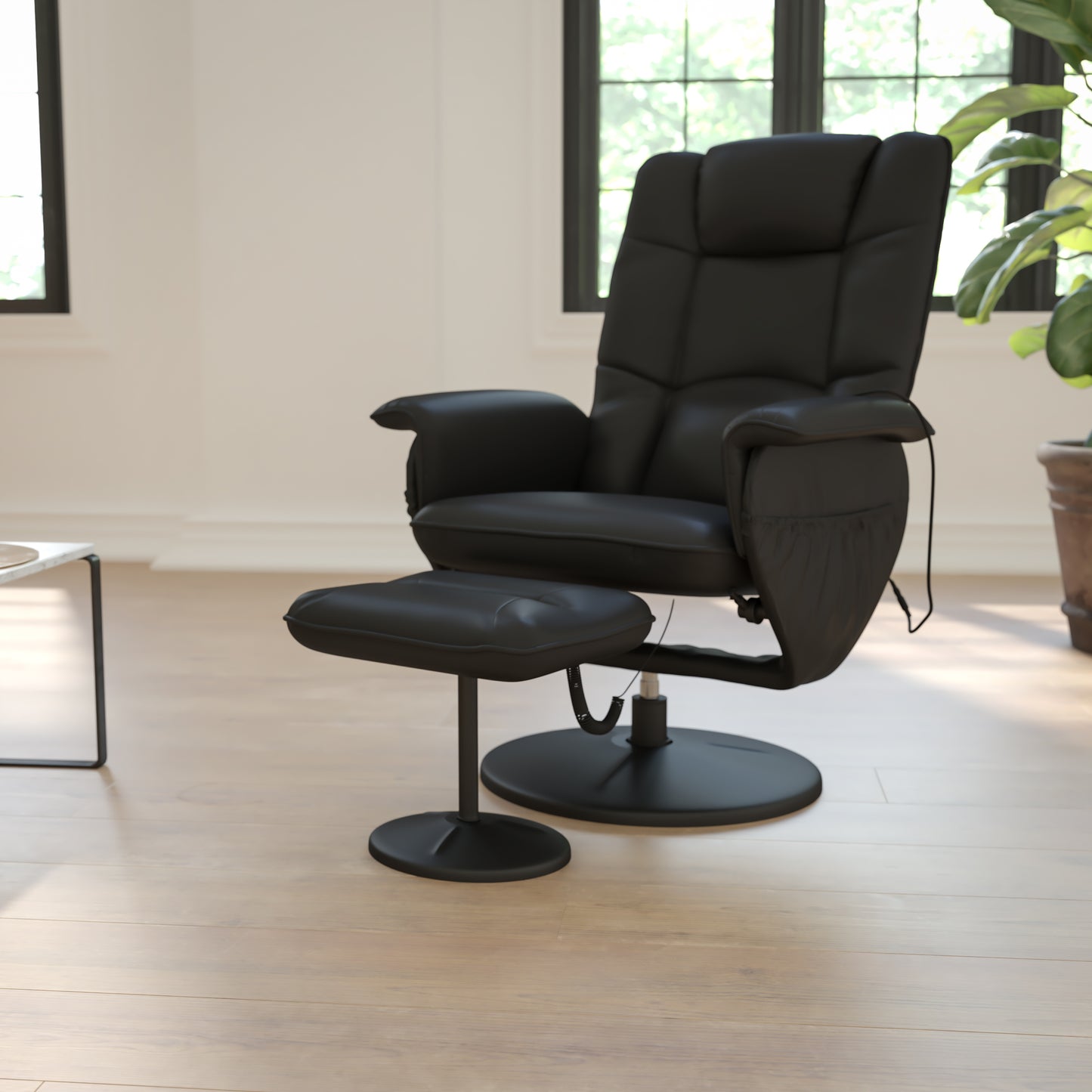 Cason Massaging Adjustable Recliner with Deep Side Pockets and Ottoman with Wrapped Base in Black LeatherSoft Black