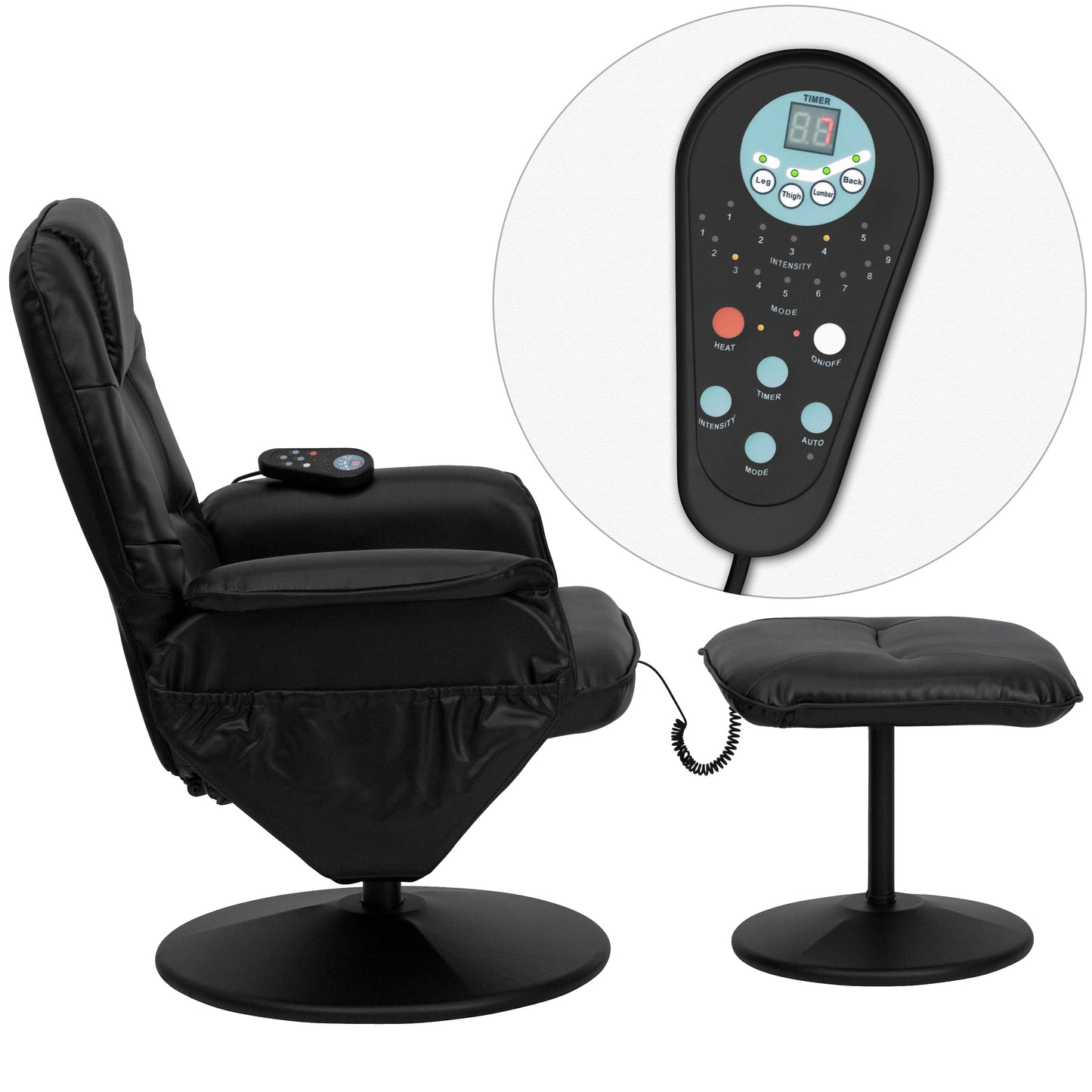 Cason Massaging Adjustable Recliner with Deep Side Pockets and Ottoman with Wrapped Base in Black LeatherSoft Black