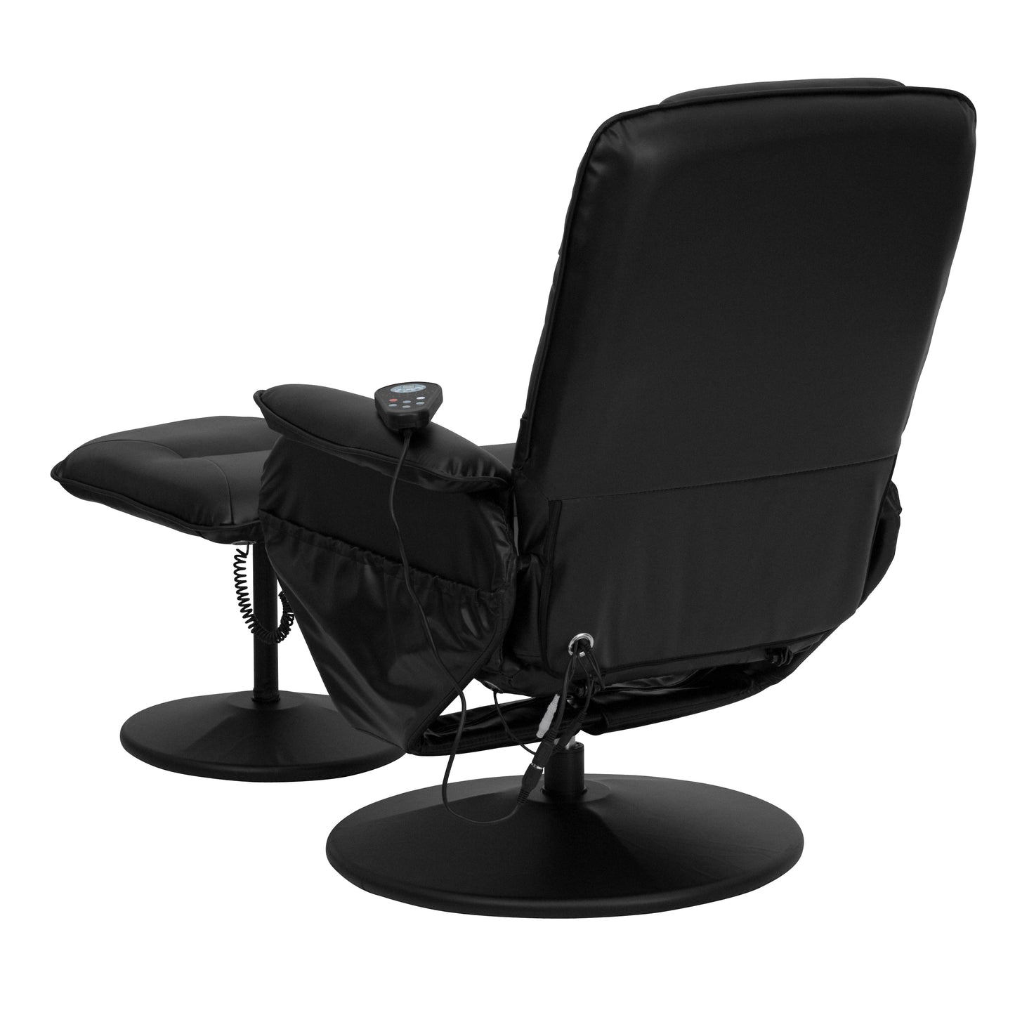 Cason Massaging Adjustable Recliner with Deep Side Pockets and Ottoman with Wrapped Base in Black LeatherSoft Black