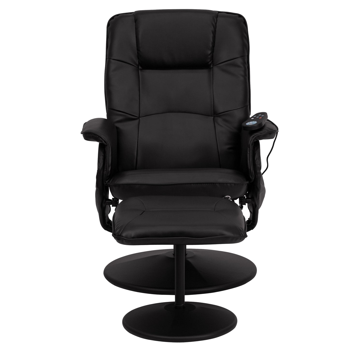 Cason Massaging Adjustable Recliner with Deep Side Pockets and Ottoman with Wrapped Base in Black LeatherSoft Black