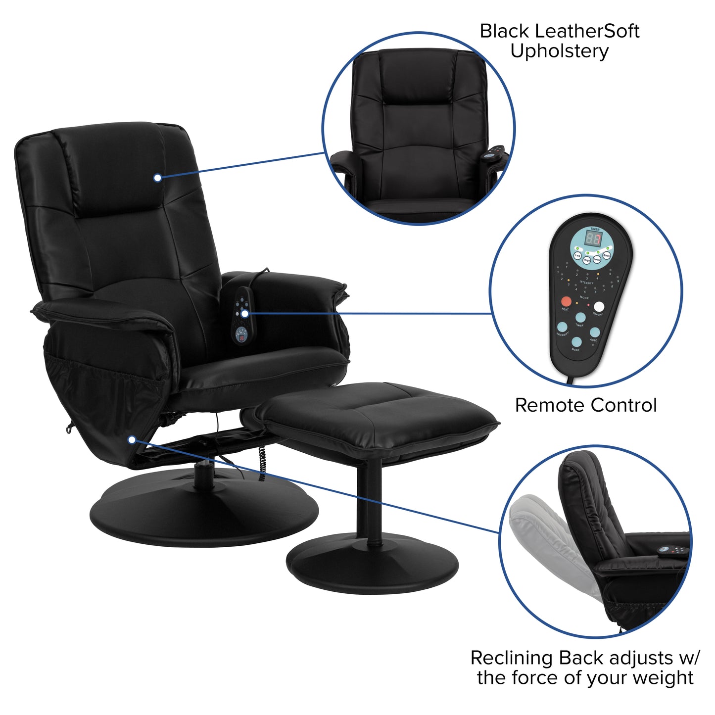 Cason Massaging Adjustable Recliner with Deep Side Pockets and Ottoman with Wrapped Base in Black LeatherSoft Black