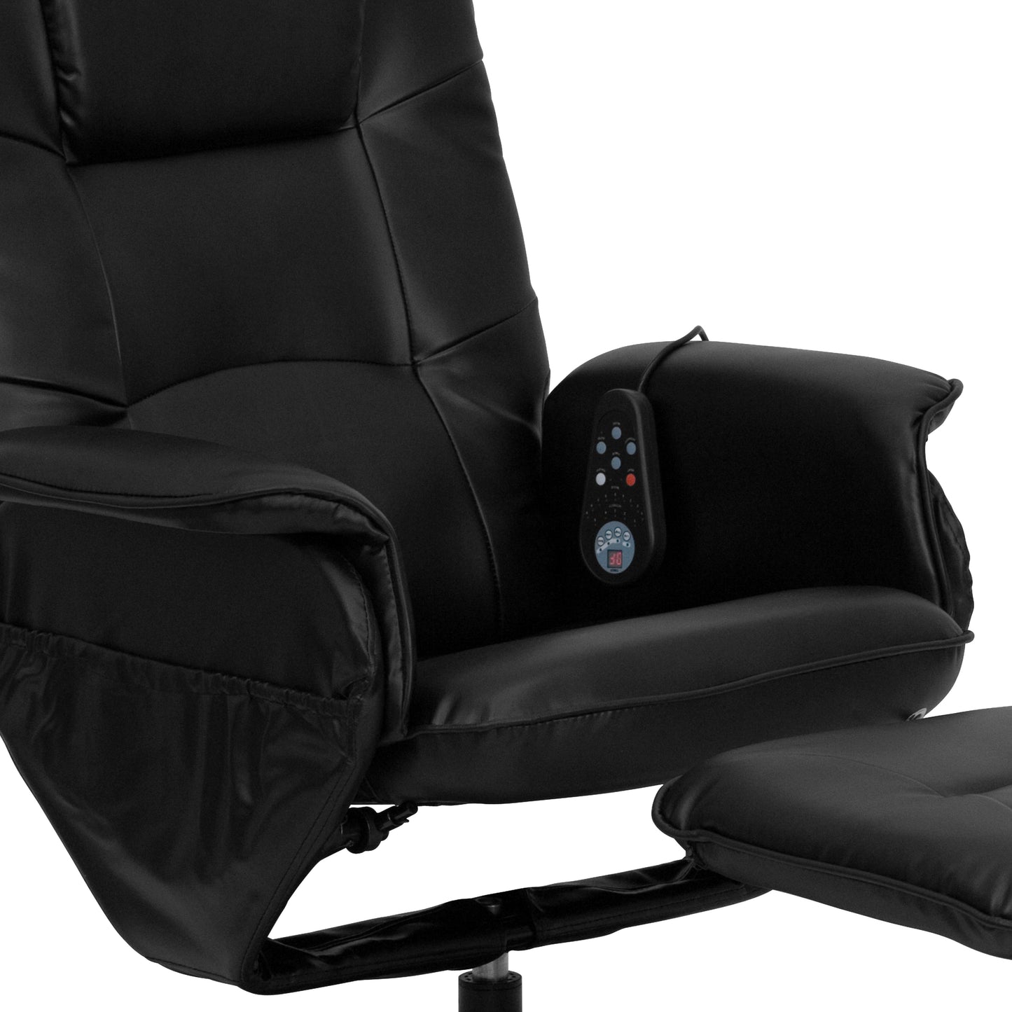 Cason Massaging Adjustable Recliner with Deep Side Pockets and Ottoman with Wrapped Base in Black LeatherSoft Black