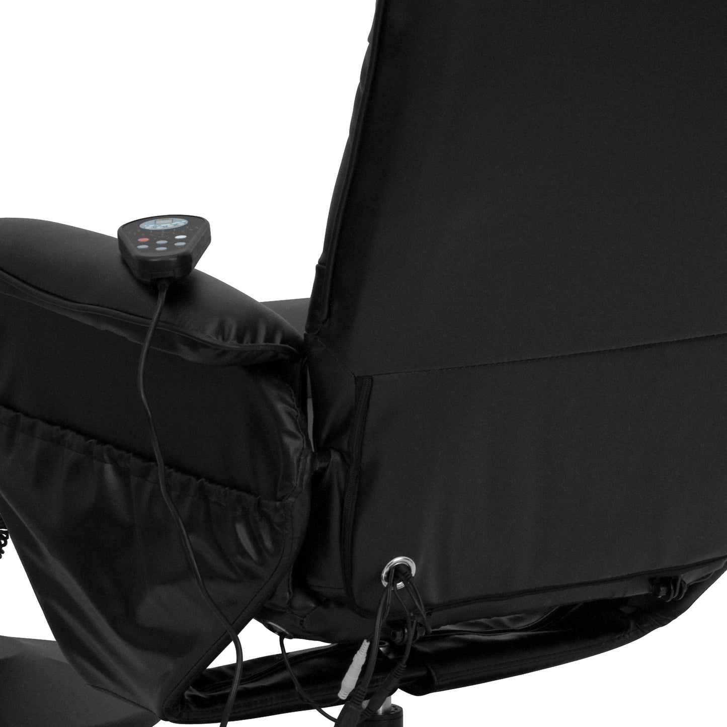 Cason Massaging Adjustable Recliner with Deep Side Pockets and Ottoman with Wrapped Base in Black LeatherSoft Black