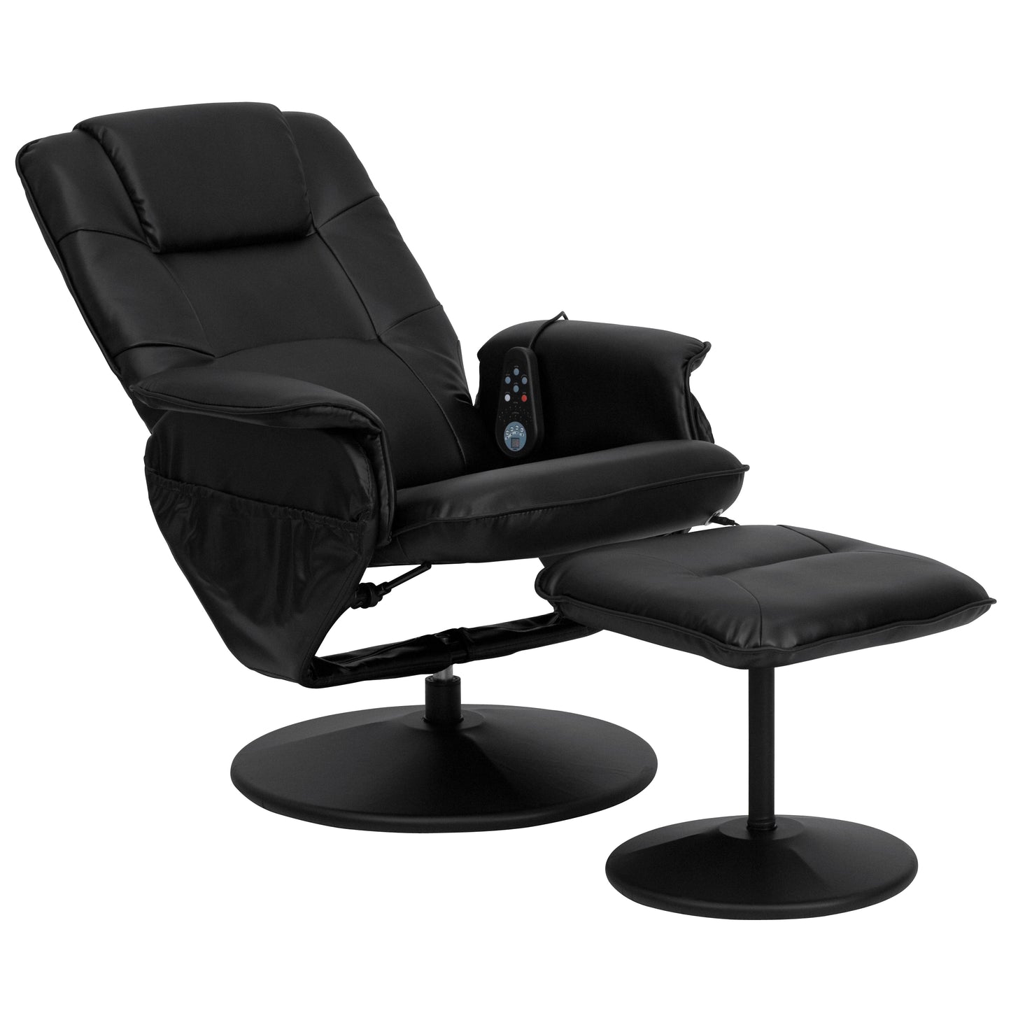 Cason Massaging Adjustable Recliner with Deep Side Pockets and Ottoman with Wrapped Base in Black LeatherSoft Black