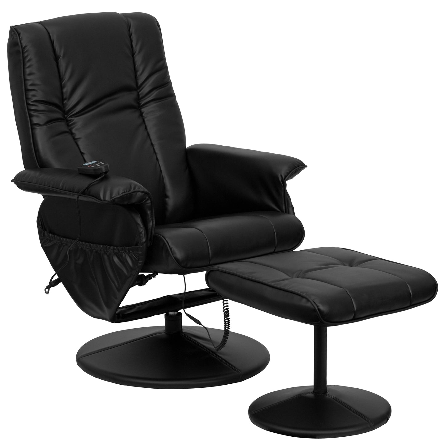 Hall Massaging Heat Controlled Adjustable Recliner and Ottoman with Wrapped Base in Black LeatherSoft Black