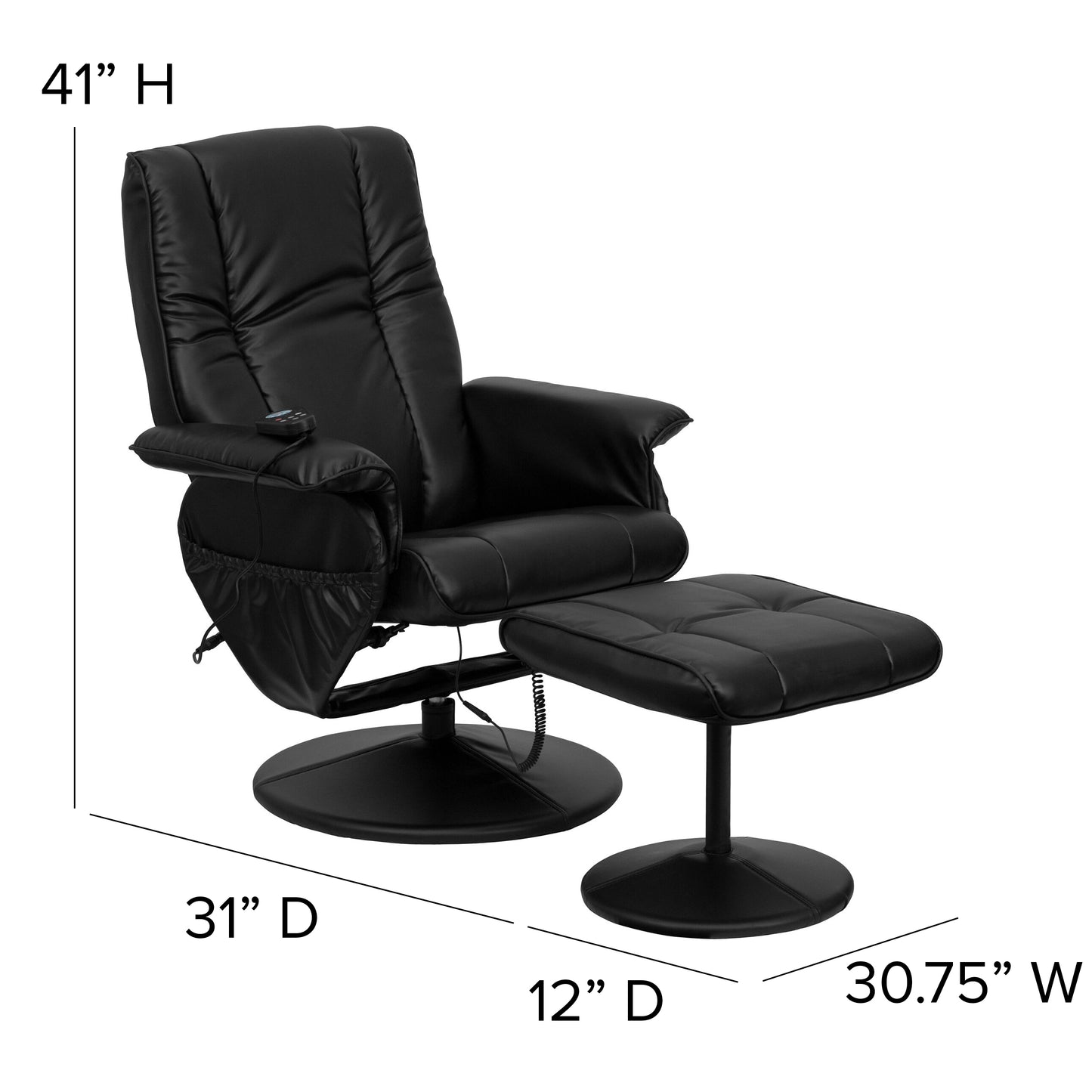 Hall Massaging Heat Controlled Adjustable Recliner and Ottoman with Wrapped Base in Black LeatherSoft Black