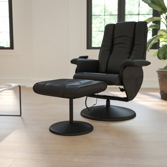Hall Massaging Heat Controlled Adjustable Recliner and Ottoman with Wrapped Base in Black LeatherSoft Black