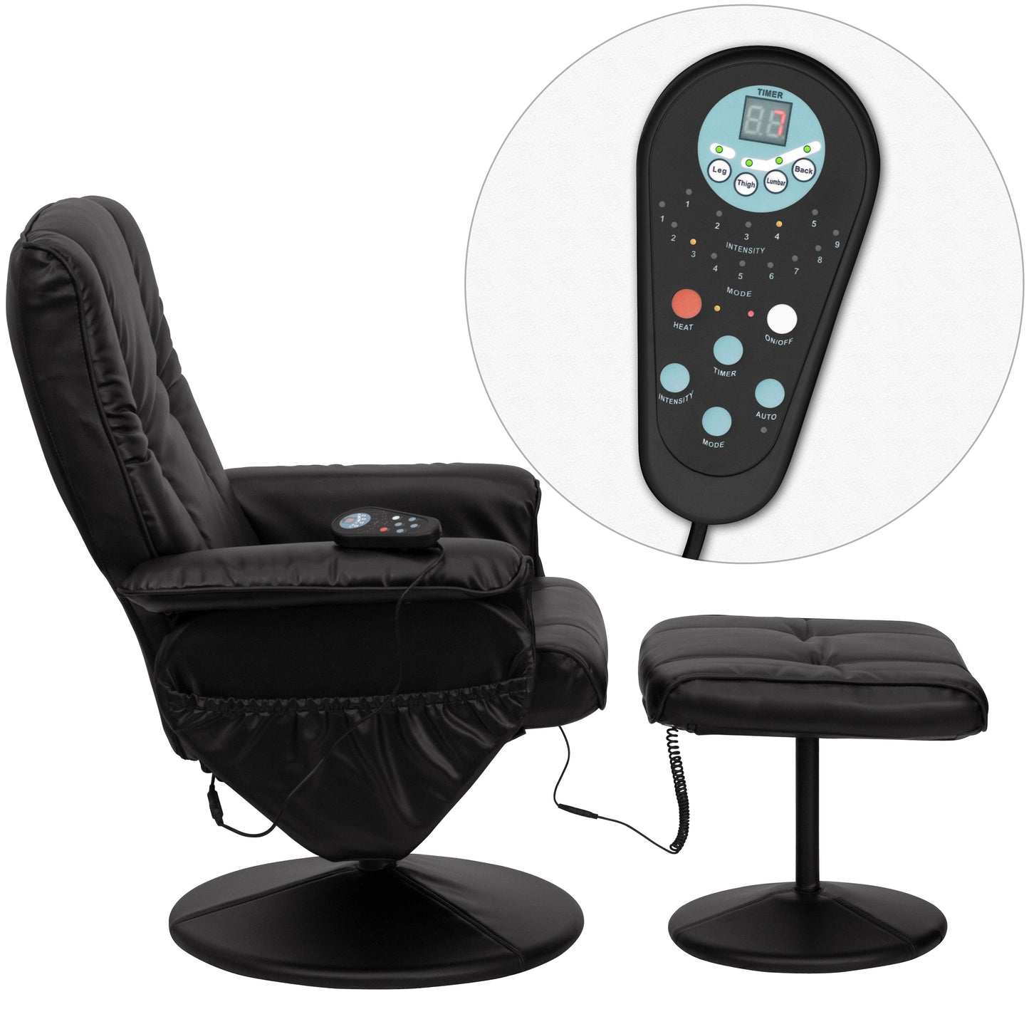 Hall Massaging Heat Controlled Adjustable Recliner and Ottoman with Wrapped Base in Black LeatherSoft Black
