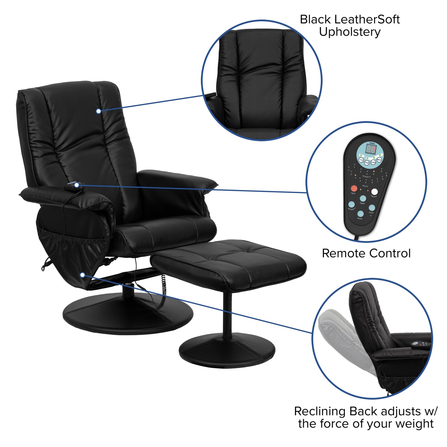 Hall Massaging Heat Controlled Adjustable Recliner and Ottoman with Wrapped Base in Black LeatherSoft Black