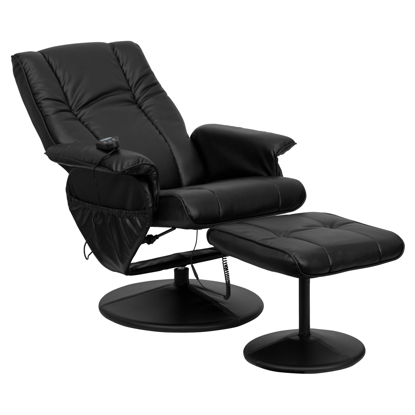Hall Massaging Heat Controlled Adjustable Recliner and Ottoman with Wrapped Base in Black LeatherSoft Black