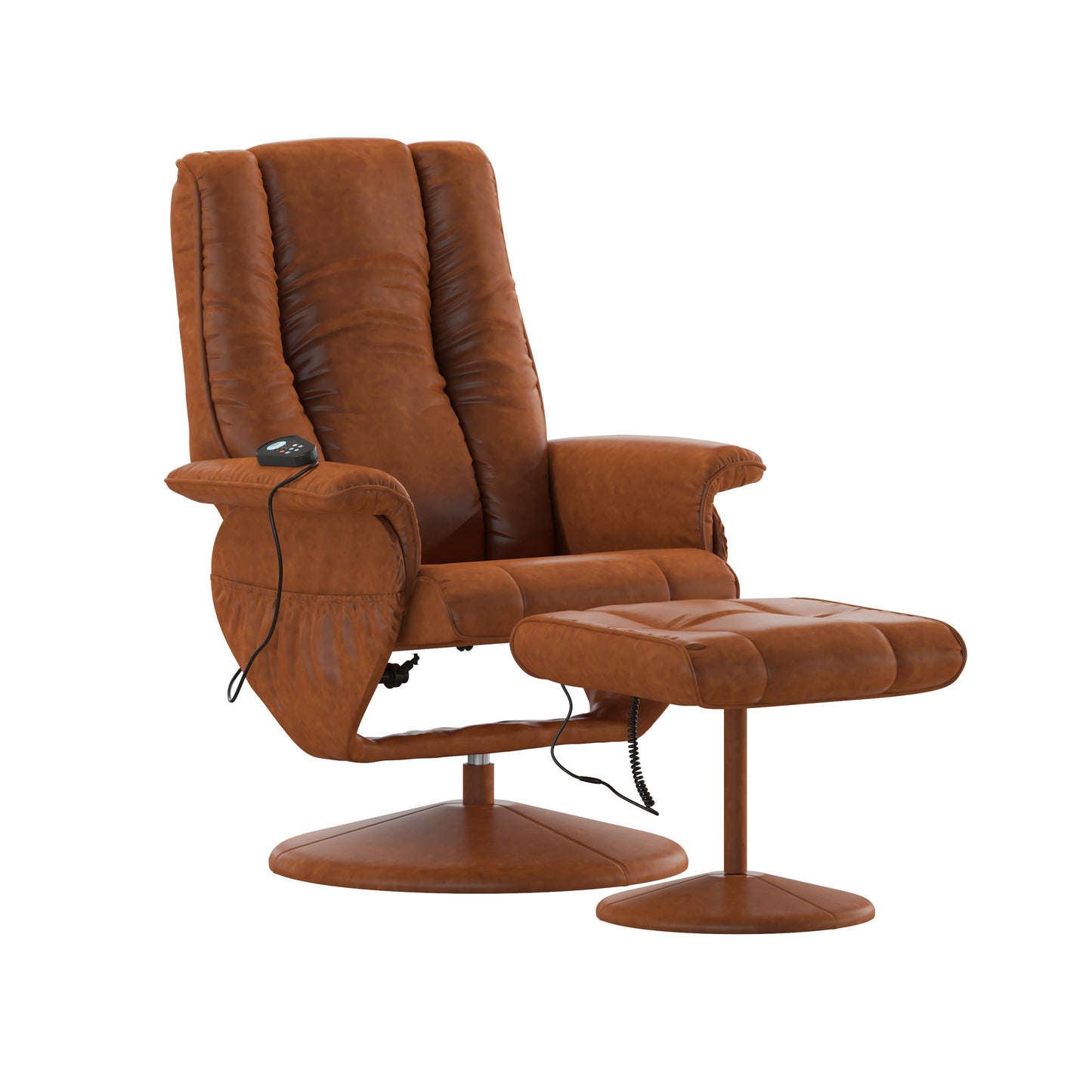 Hall Massaging Heat Controlled Adjustable Recliner and Ottoman with Wrapped Base in Brown LeatherSoft Brown