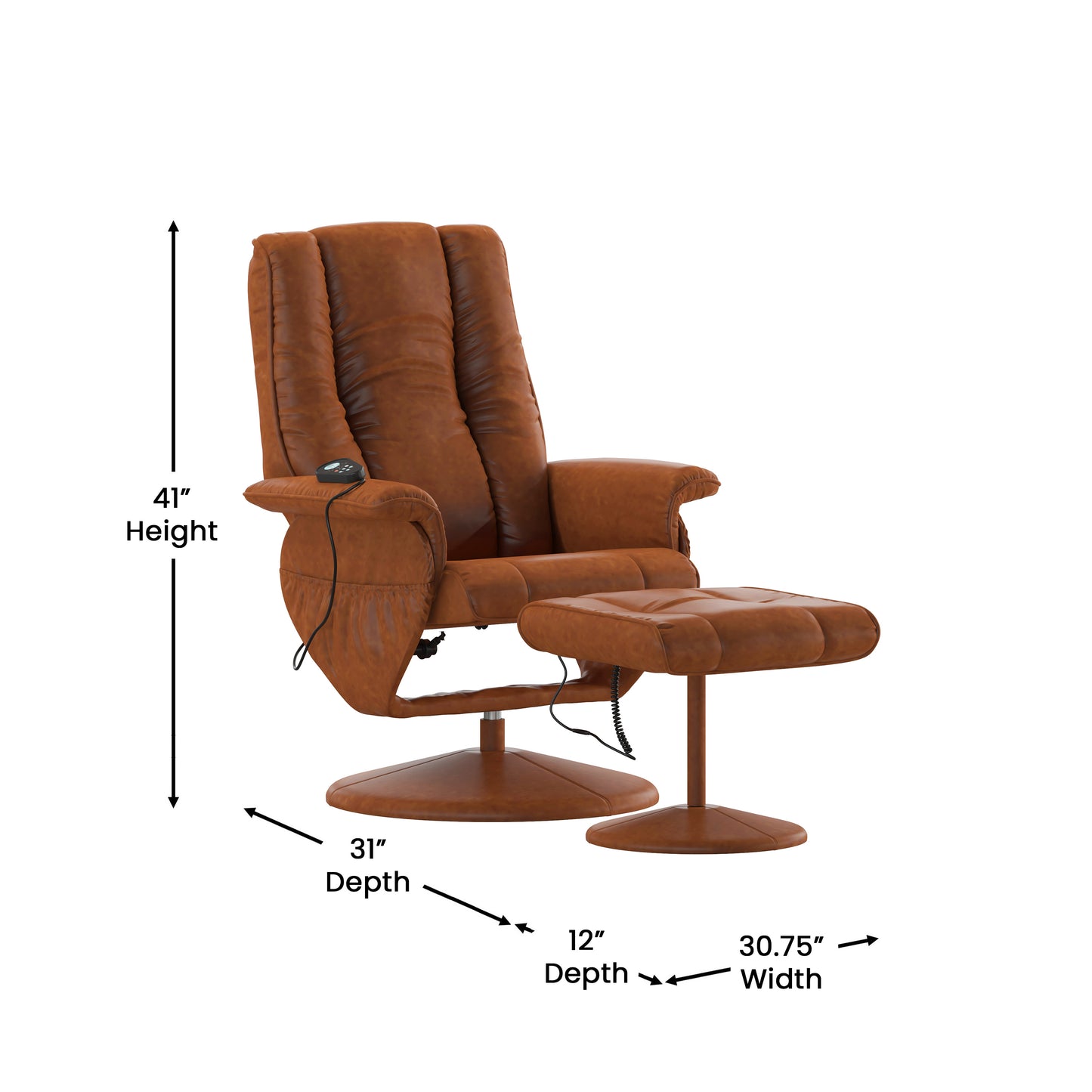 Hall Massaging Heat Controlled Adjustable Recliner and Ottoman with Wrapped Base in Brown LeatherSoft Brown