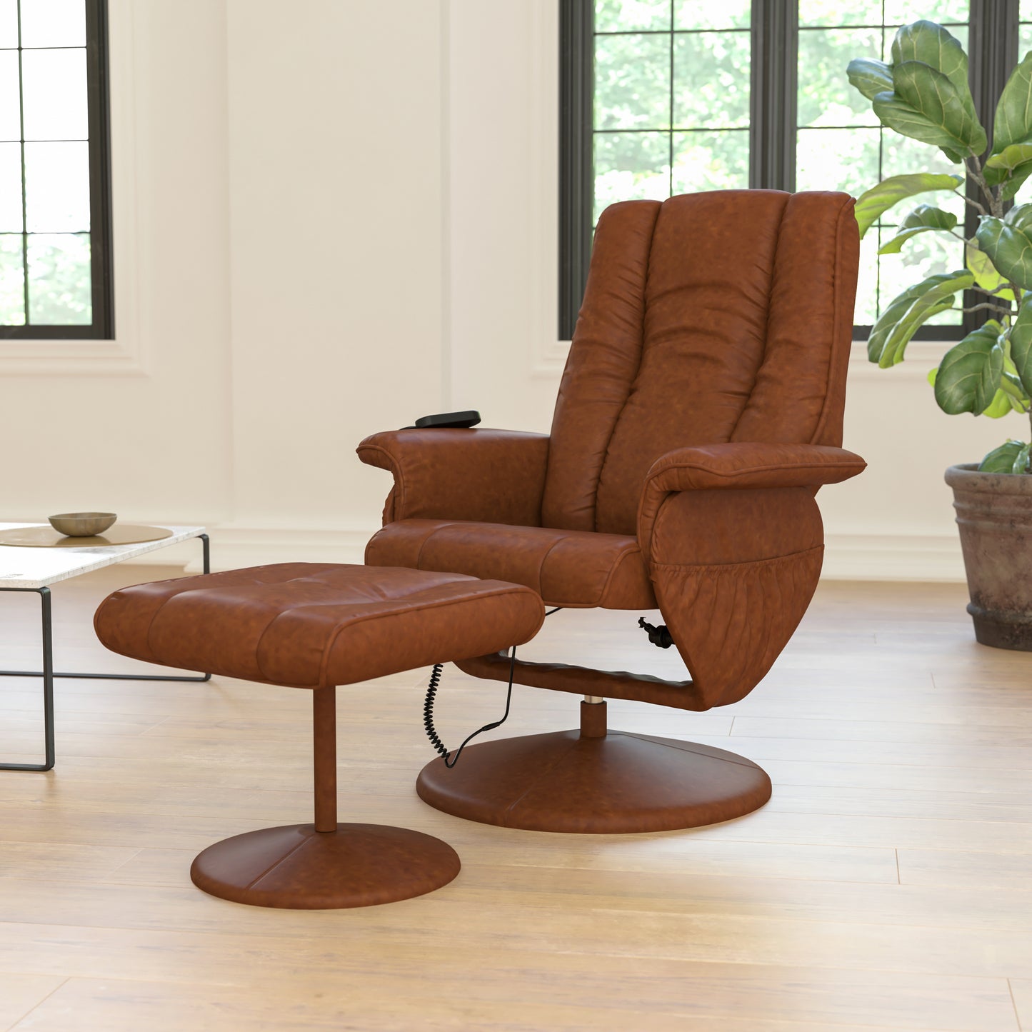 Hall Massaging Heat Controlled Adjustable Recliner and Ottoman with Wrapped Base in Brown LeatherSoft Brown