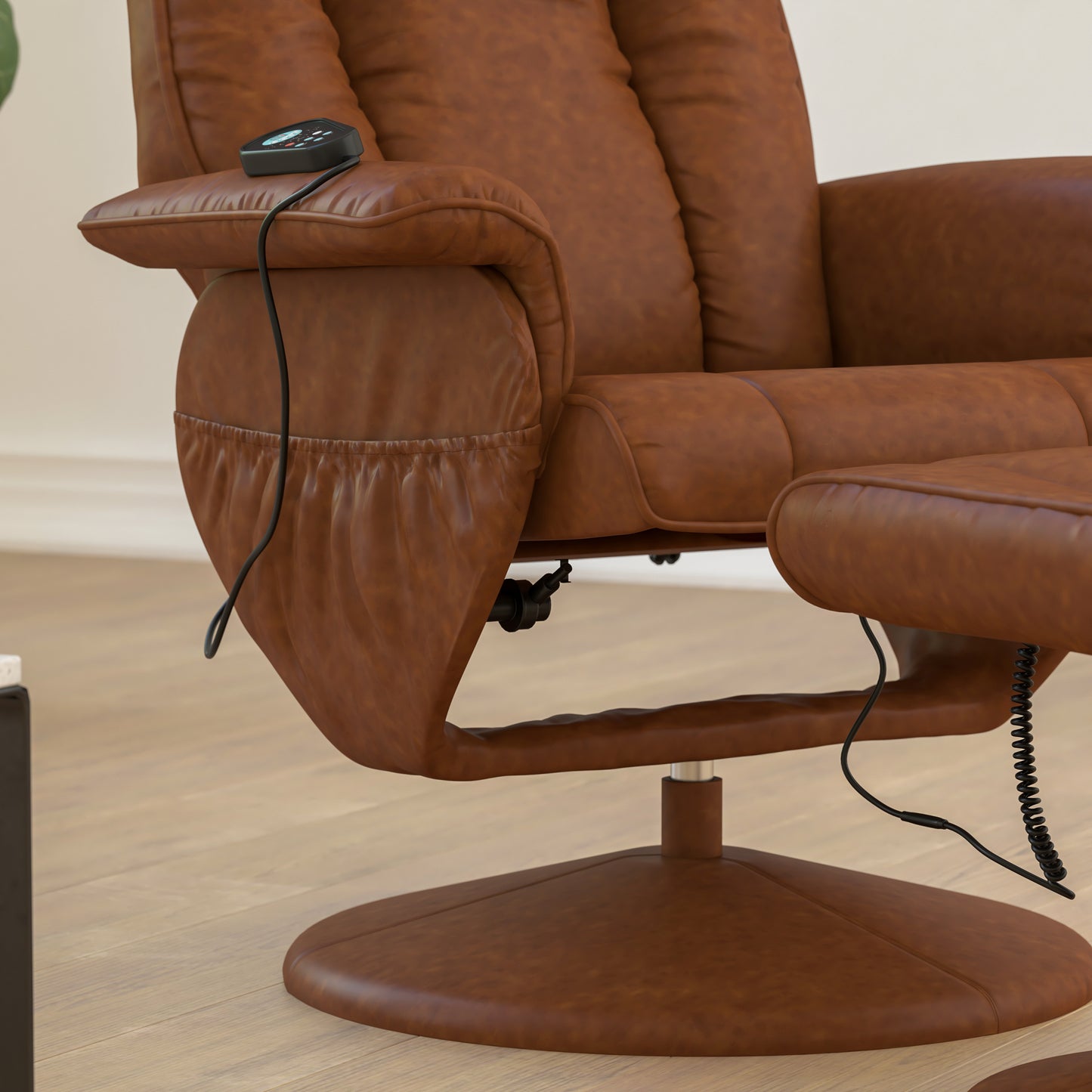 Hall Massaging Heat Controlled Adjustable Recliner and Ottoman with Wrapped Base in Brown LeatherSoft Brown