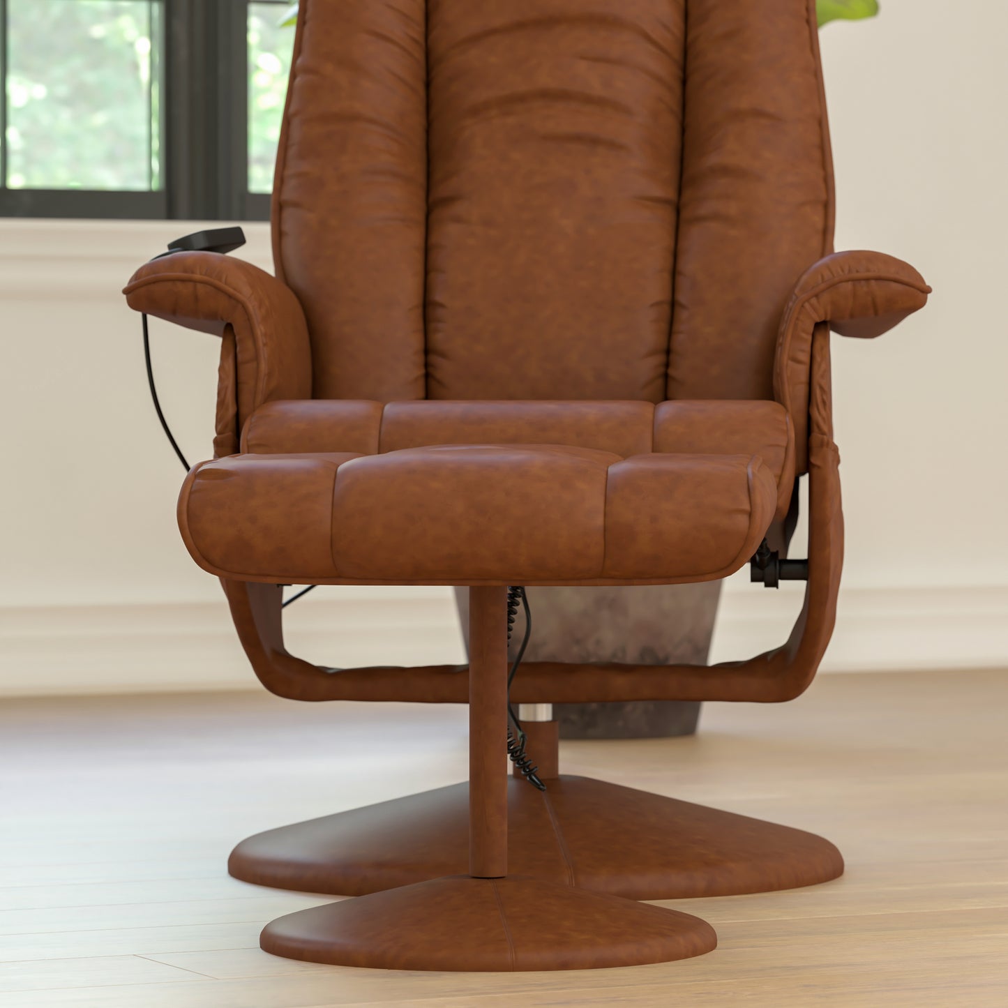 Hall Massaging Heat Controlled Adjustable Recliner and Ottoman with Wrapped Base in Brown LeatherSoft Brown