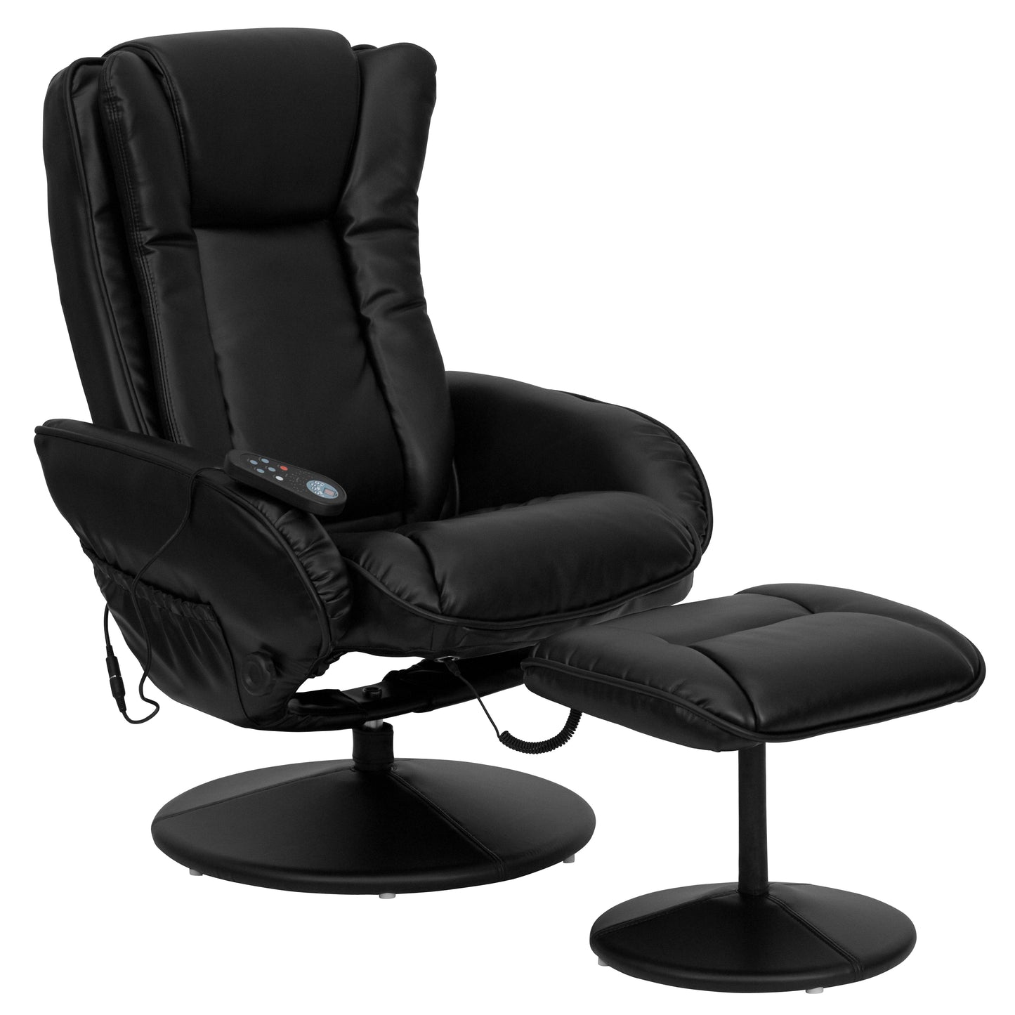 Poppy Massaging Multi-Position Plush Recliner with Side Pocket and Ottoman in Black LeatherSoft Black