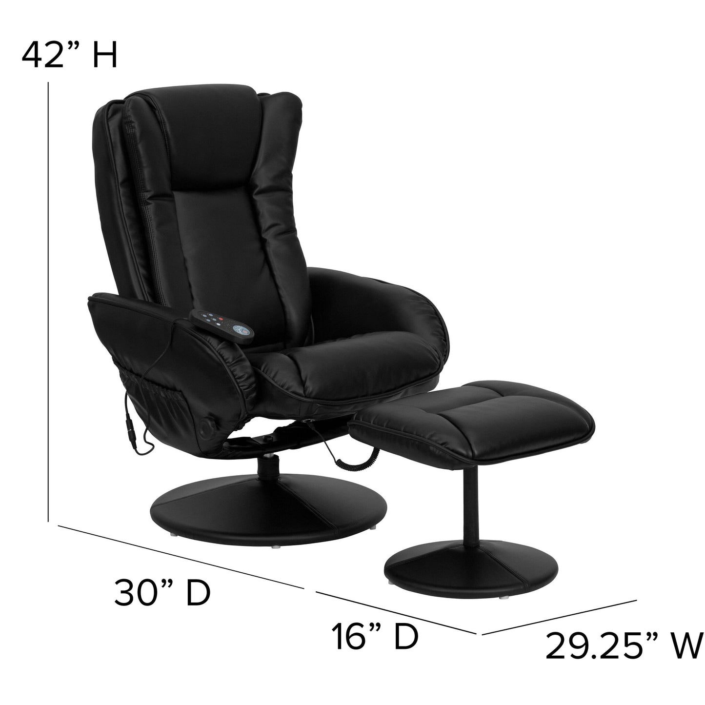 Poppy Massaging Multi-Position Plush Recliner with Side Pocket and Ottoman in Black LeatherSoft Black
