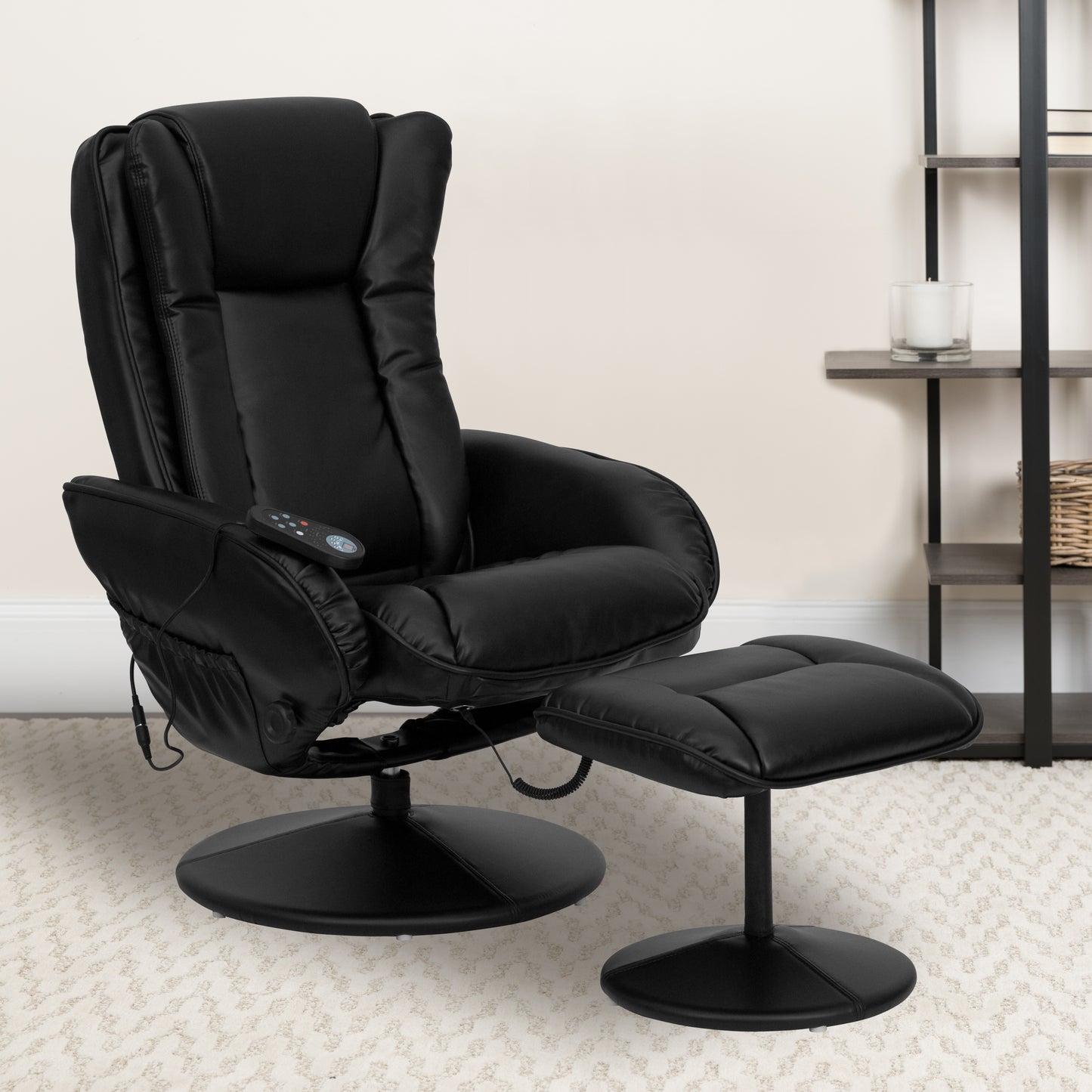Poppy Massaging Multi-Position Plush Recliner with Side Pocket and Ottoman in Black LeatherSoft Black