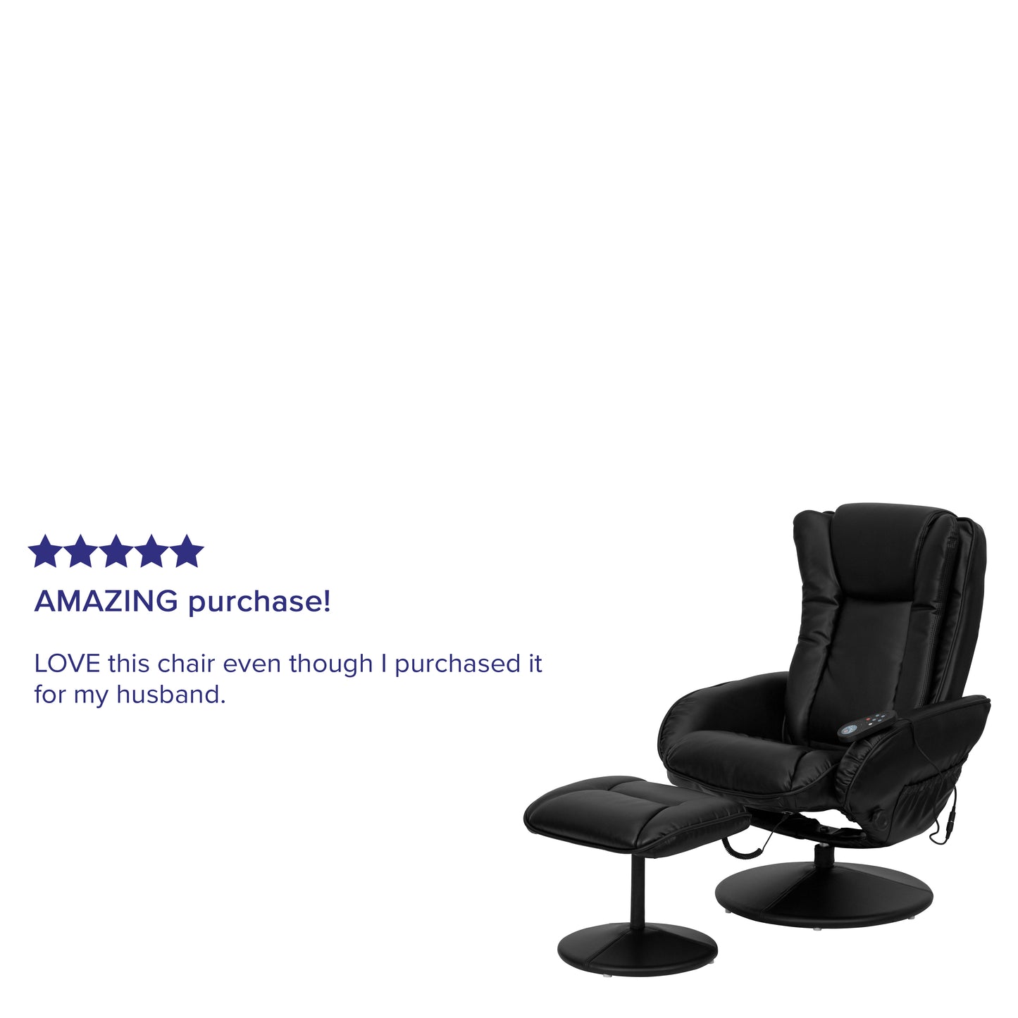 Poppy Massaging Multi-Position Plush Recliner with Side Pocket and Ottoman in Black LeatherSoft Black