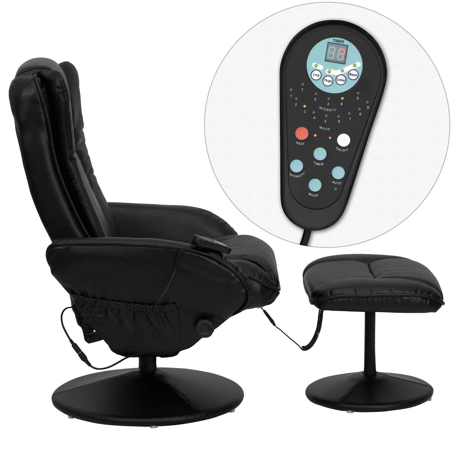 Poppy Massaging Multi-Position Plush Recliner with Side Pocket and Ottoman in Black LeatherSoft Black