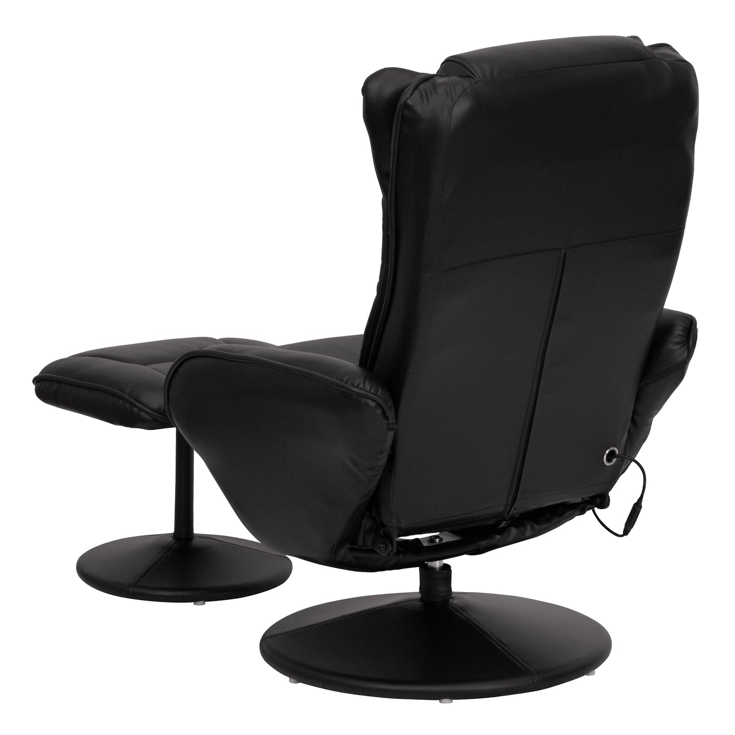 Poppy Massaging Multi-Position Plush Recliner with Side Pocket and Ottoman in Black LeatherSoft Black