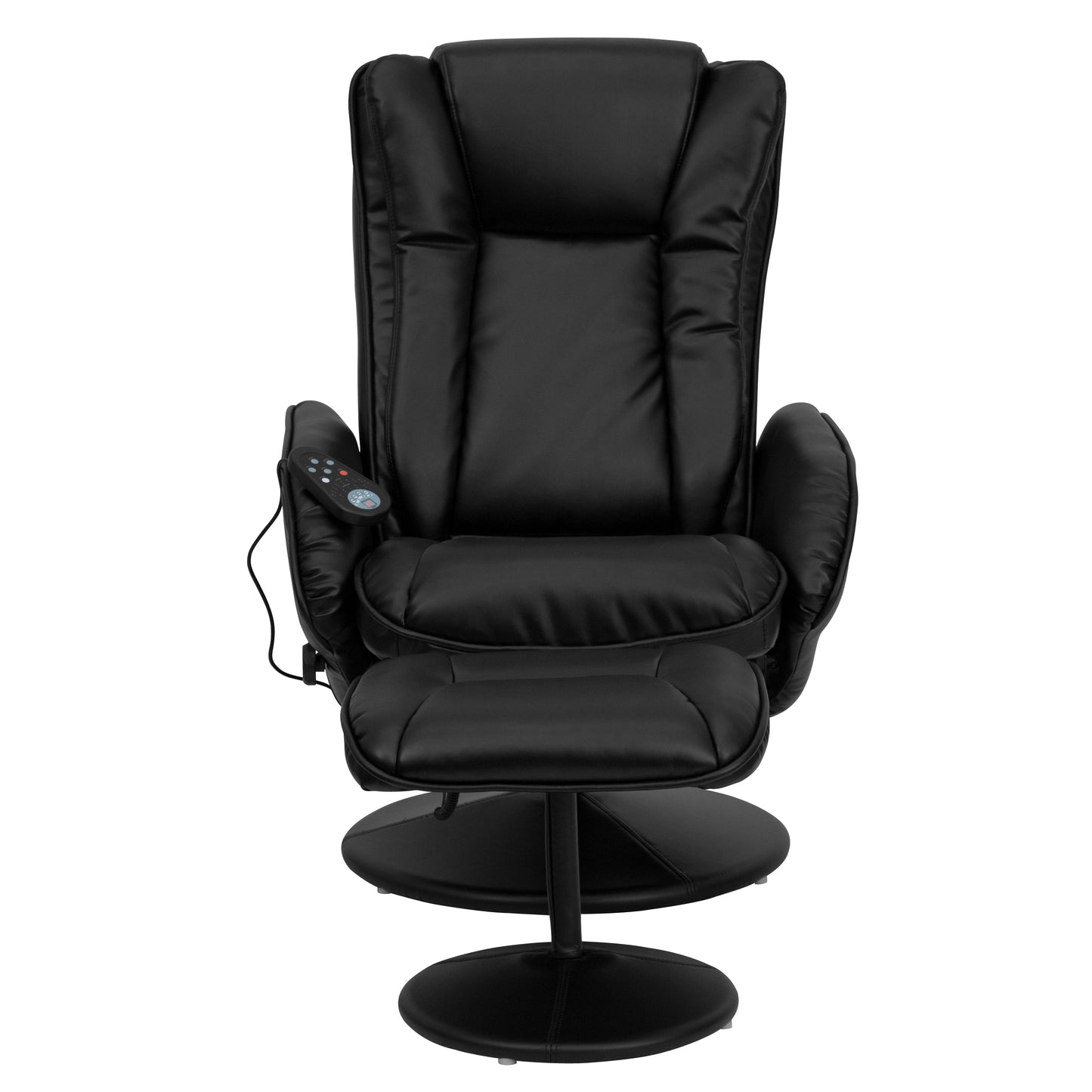 Poppy Massaging Multi-Position Plush Recliner with Side Pocket and Ottoman in Black LeatherSoft Black