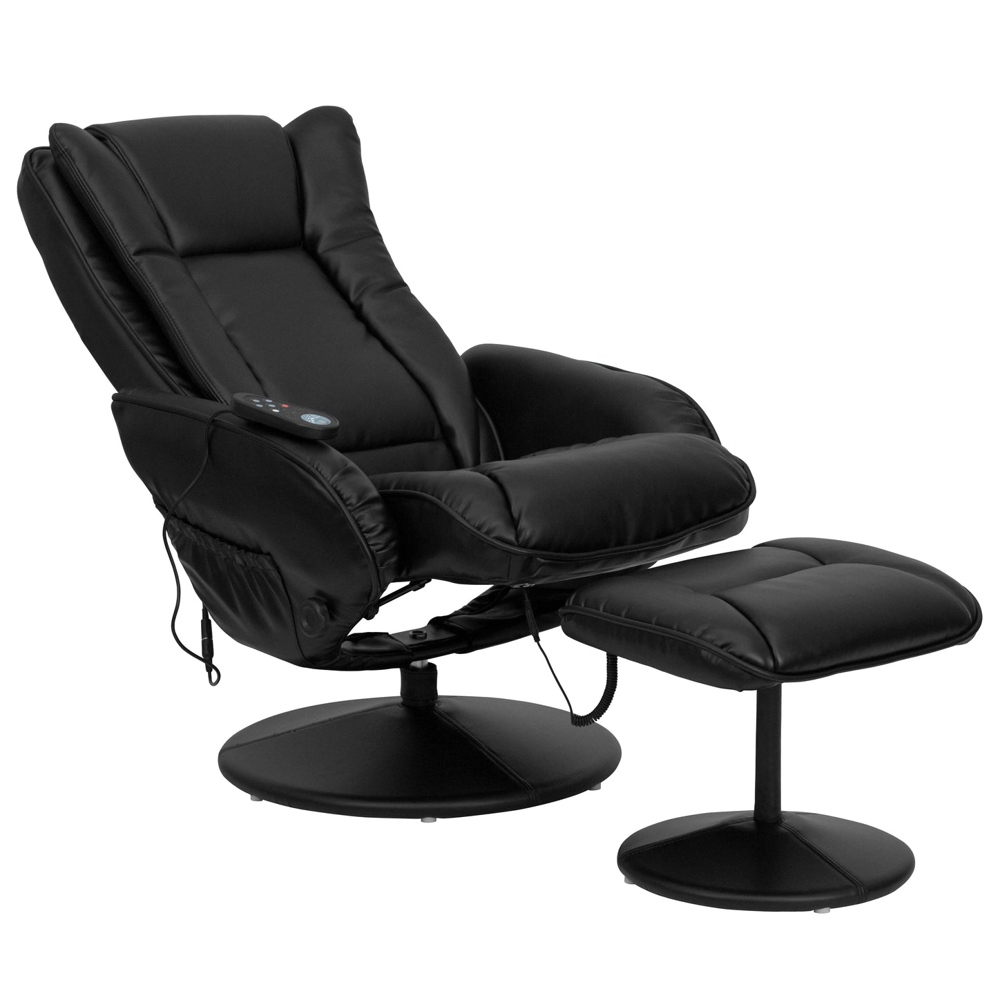 Poppy Massaging Multi-Position Plush Recliner with Side Pocket and Ottoman in Black LeatherSoft Black