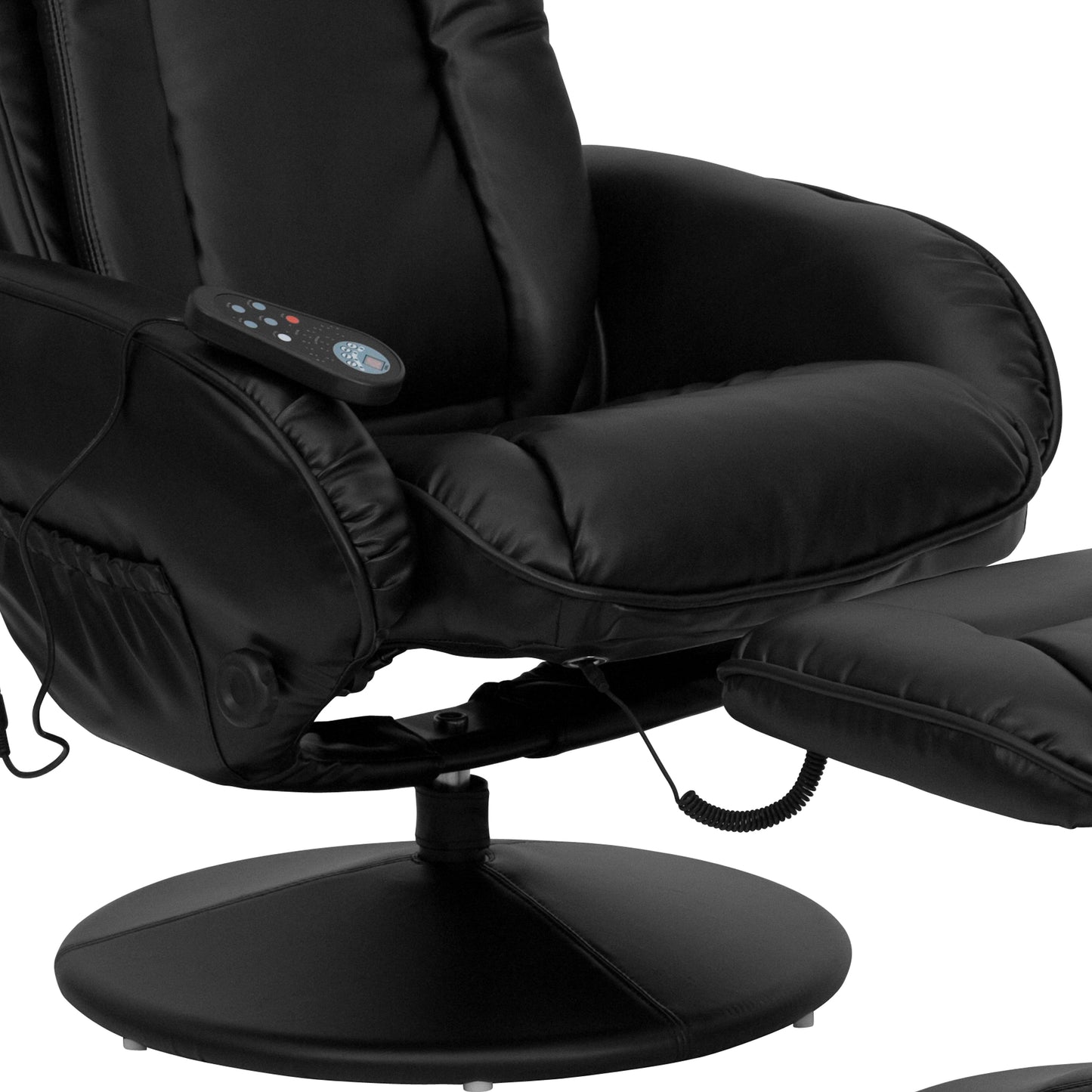 Poppy Massaging Multi-Position Plush Recliner with Side Pocket and Ottoman in Black LeatherSoft Black