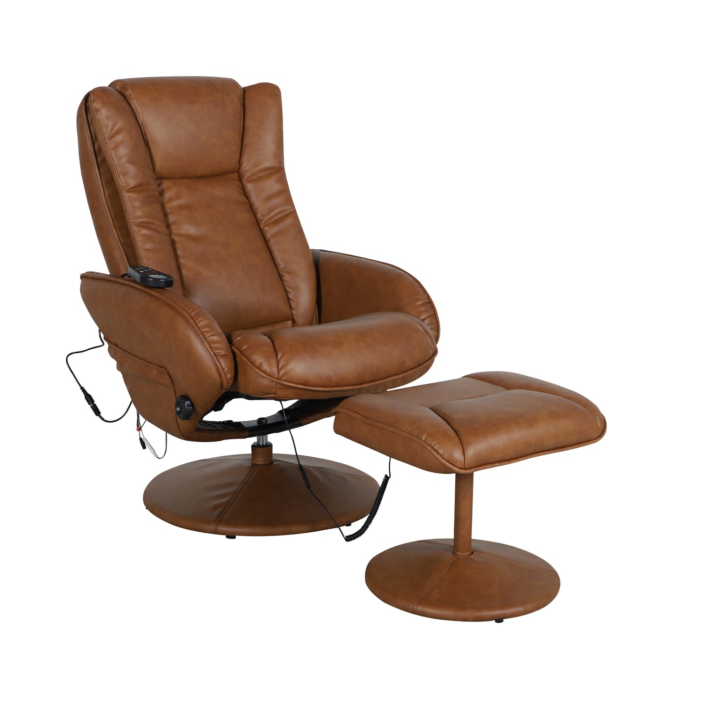 Poppy Massaging Multi-Position Plush Recliner with Side Pocket and Ottoman in Brown LeatherSoft Brown