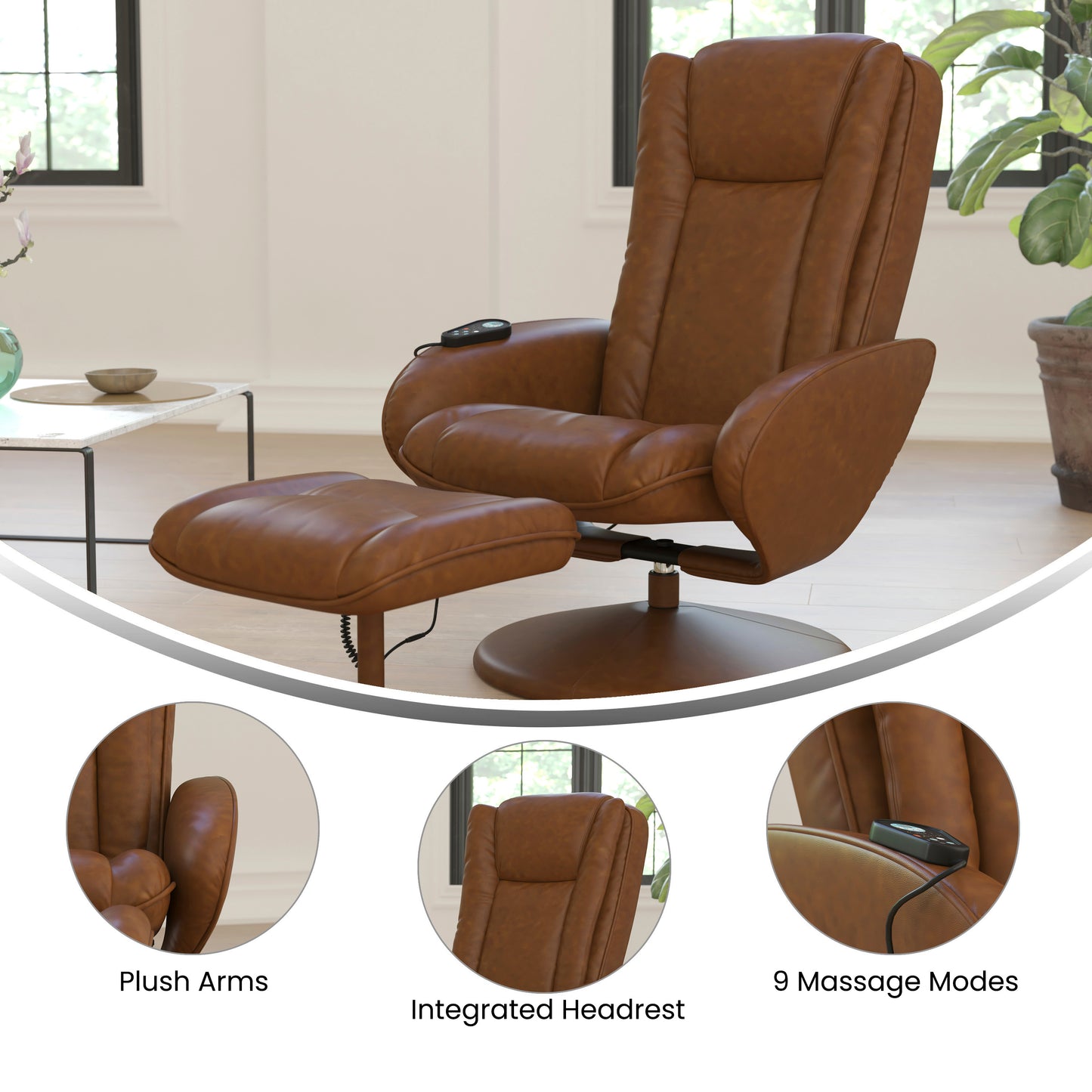 Poppy Massaging Multi-Position Plush Recliner with Side Pocket and Ottoman in Brown LeatherSoft Brown