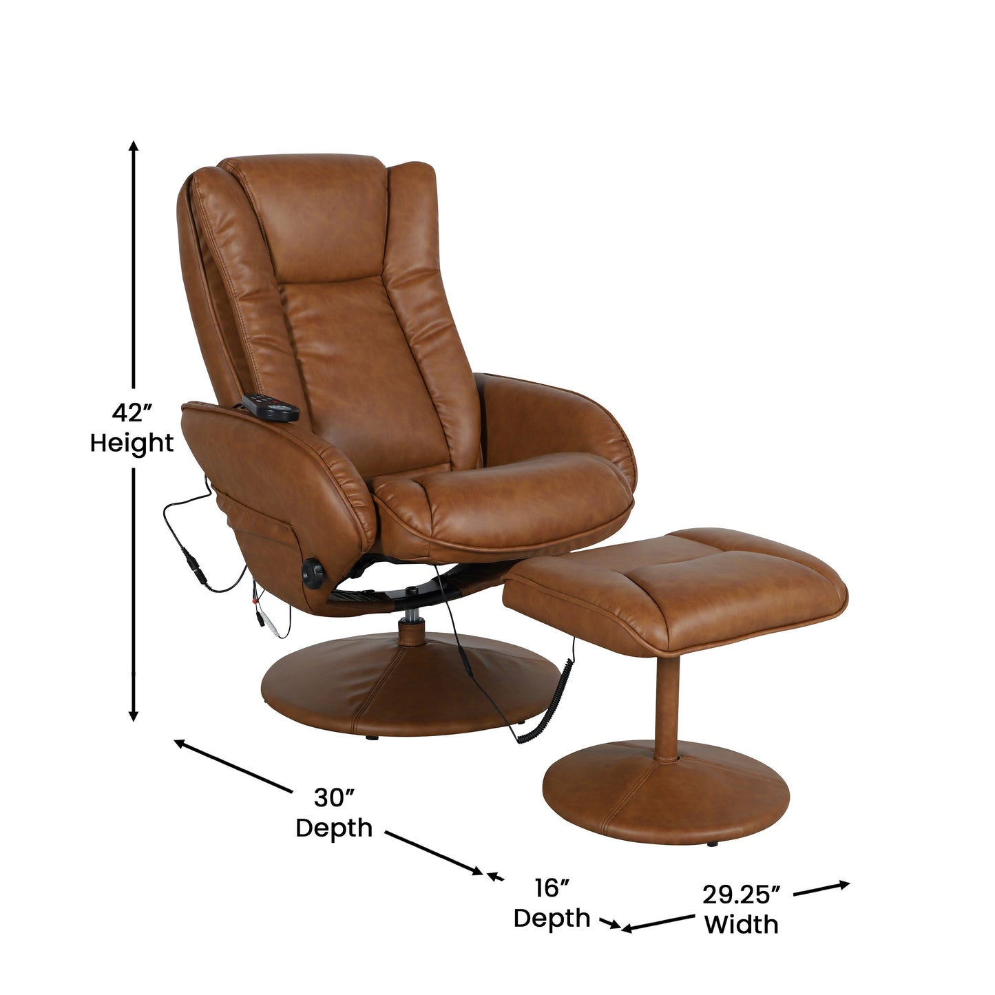 Poppy Massaging Multi-Position Plush Recliner with Side Pocket and Ottoman in Brown LeatherSoft Brown