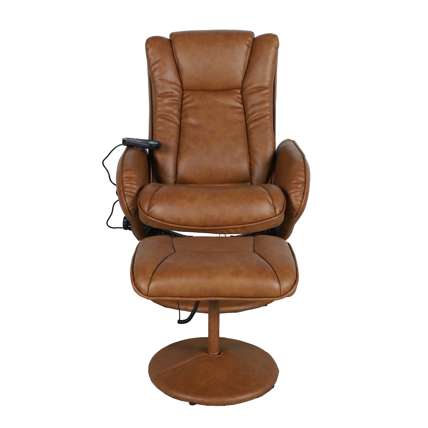 Poppy Massaging Multi-Position Plush Recliner with Side Pocket and Ottoman in Brown LeatherSoft Brown