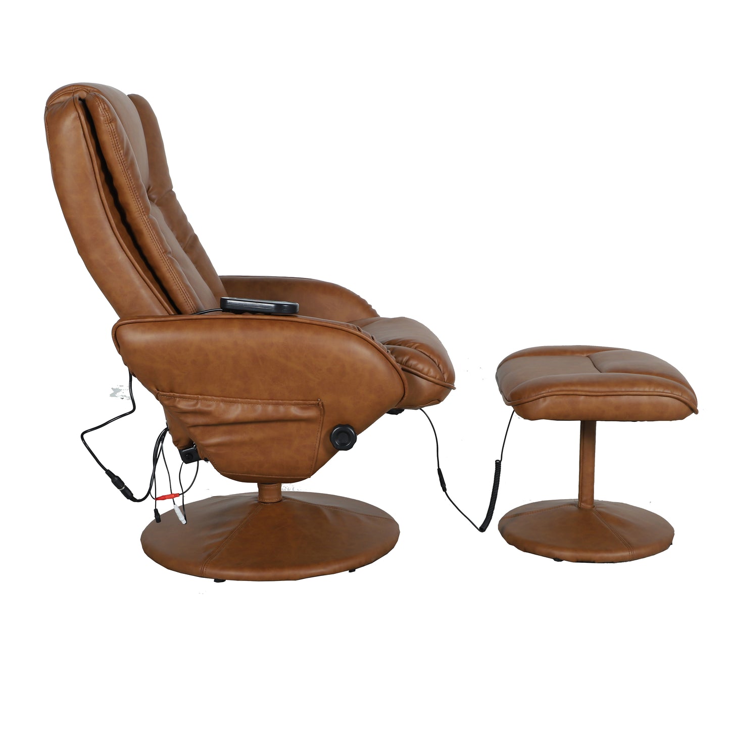 Poppy Massaging Multi-Position Plush Recliner with Side Pocket and Ottoman in Brown LeatherSoft Brown