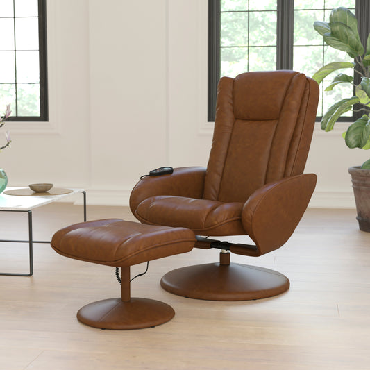Poppy Massaging Multi-Position Plush Recliner with Side Pocket and Ottoman in Brown LeatherSoft Brown