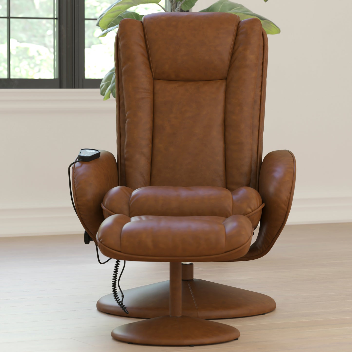 Poppy Massaging Multi-Position Plush Recliner with Side Pocket and Ottoman in Brown LeatherSoft Brown