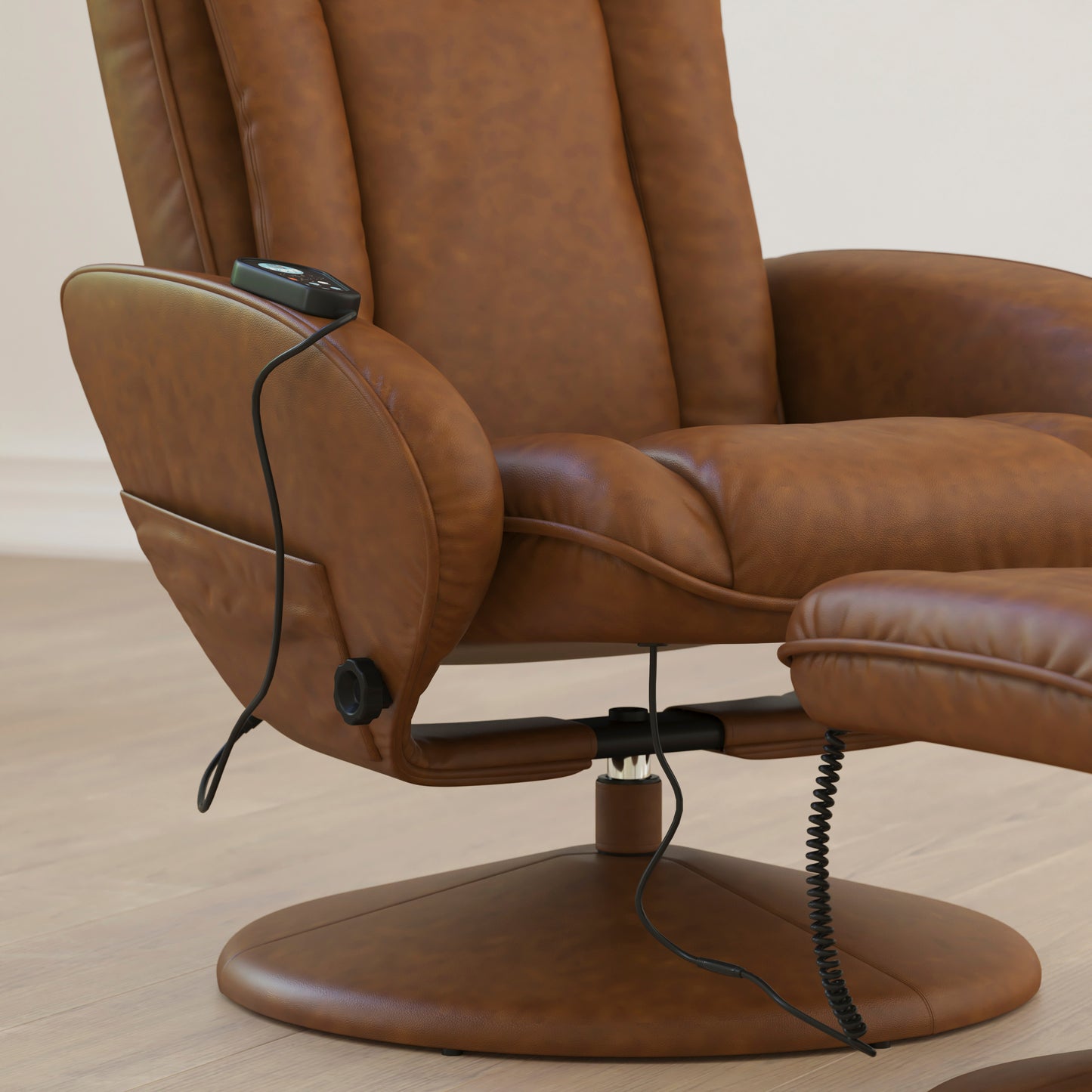 Poppy Massaging Multi-Position Plush Recliner with Side Pocket and Ottoman in Brown LeatherSoft Brown