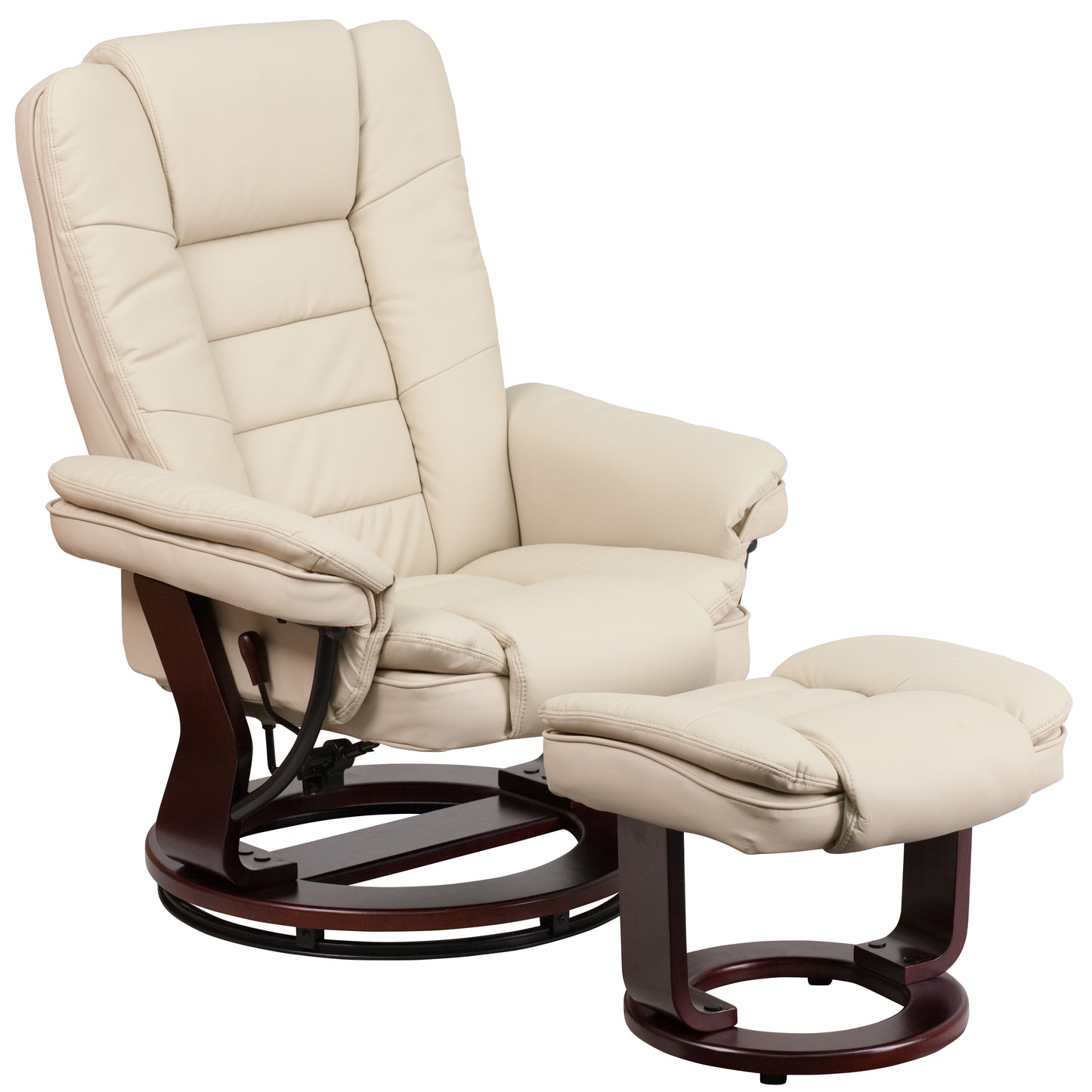 Bali Contemporary Multi-Position Recliner with Horizontal Stitching and Ottoman with Swivel Mahogany Wood Base in Beige LeatherSoft Beige