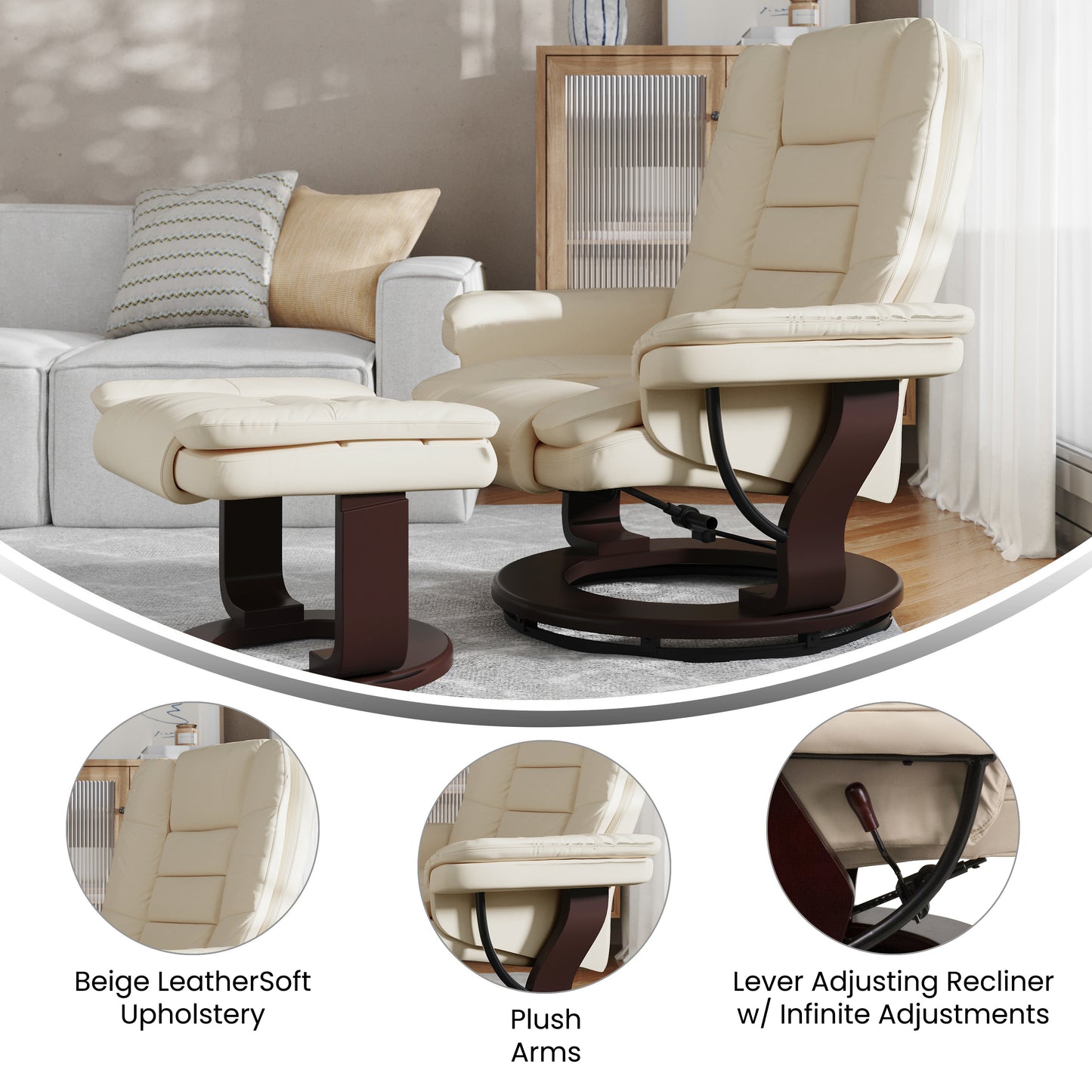 Bali Contemporary Multi-Position Recliner with Horizontal Stitching and Ottoman with Swivel Mahogany Wood Base in Beige LeatherSoft Beige