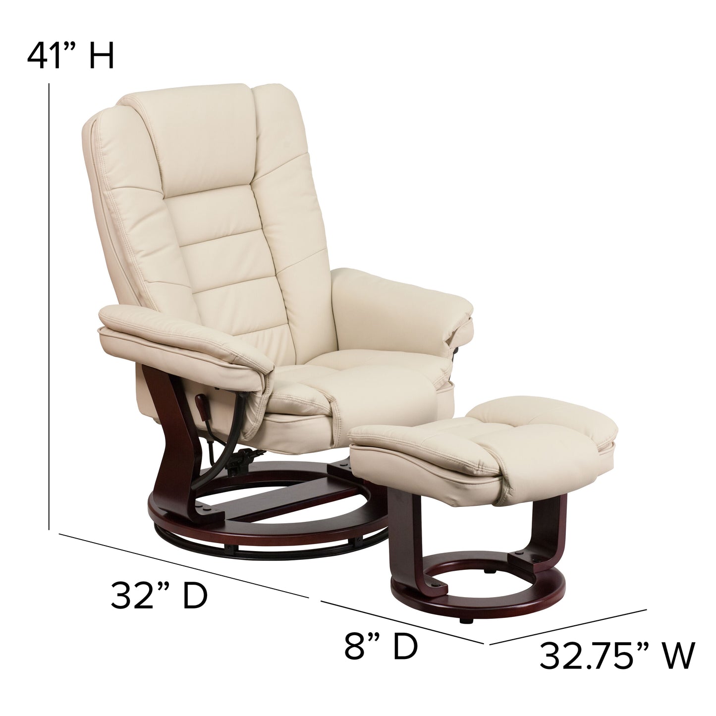 Bali Contemporary Multi-Position Recliner with Horizontal Stitching and Ottoman with Swivel Mahogany Wood Base in Beige LeatherSoft Beige