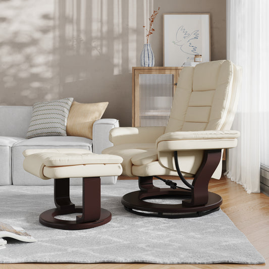 Bali Contemporary Multi-Position Recliner with Horizontal Stitching and Ottoman with Swivel Mahogany Wood Base in Beige LeatherSoft Beige