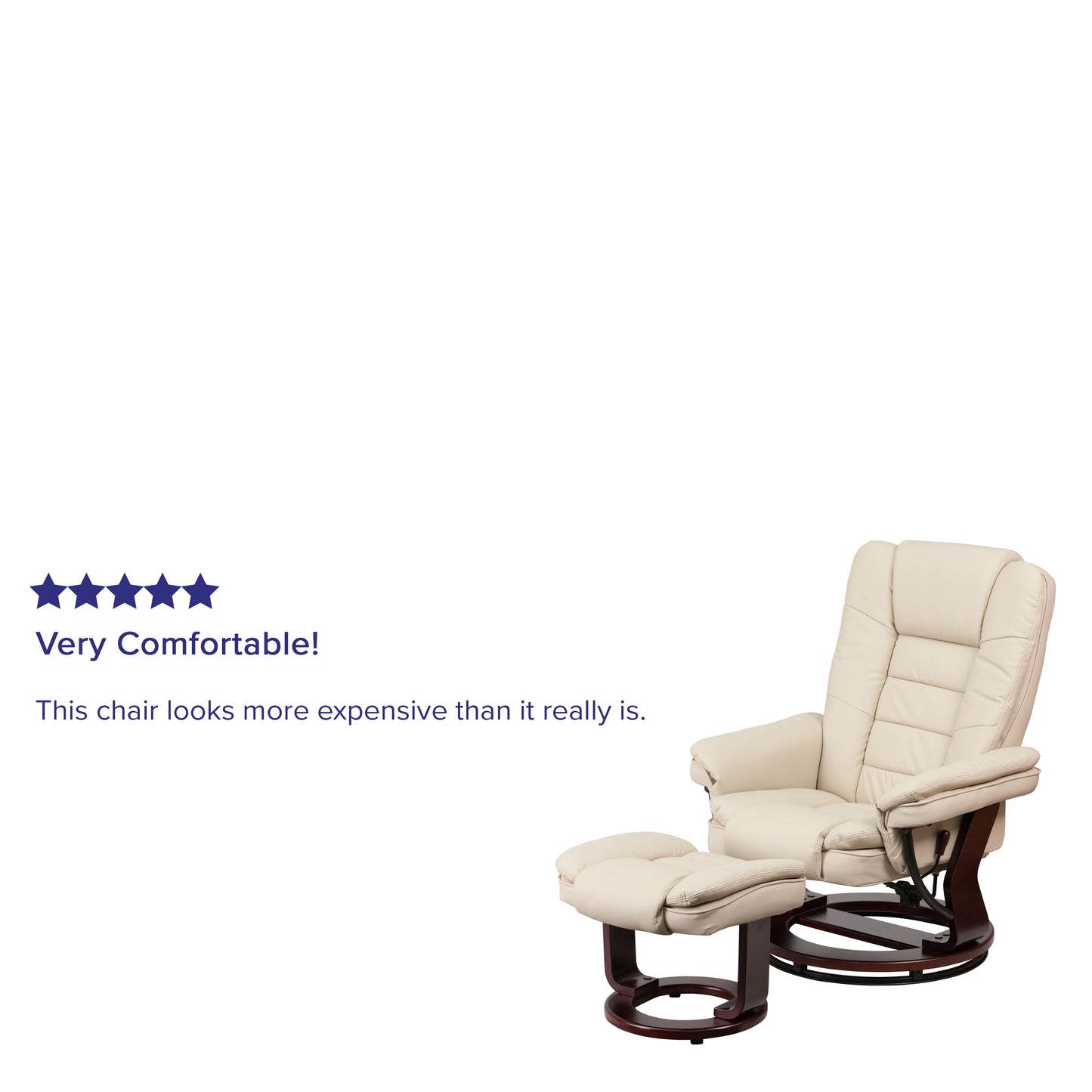 Bali Contemporary Multi-Position Recliner with Horizontal Stitching and Ottoman with Swivel Mahogany Wood Base in Beige LeatherSoft Beige