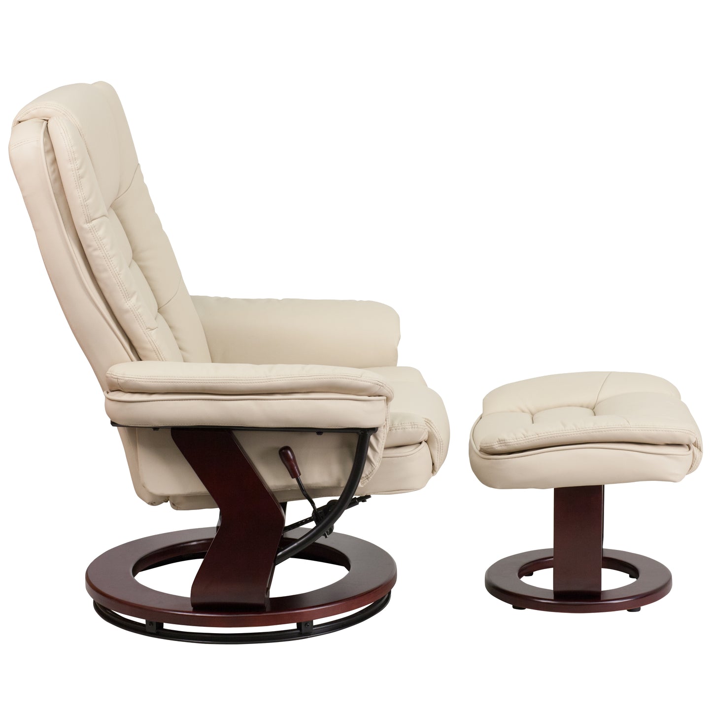 Bali Contemporary Multi-Position Recliner with Horizontal Stitching and Ottoman with Swivel Mahogany Wood Base in Beige LeatherSoft Beige